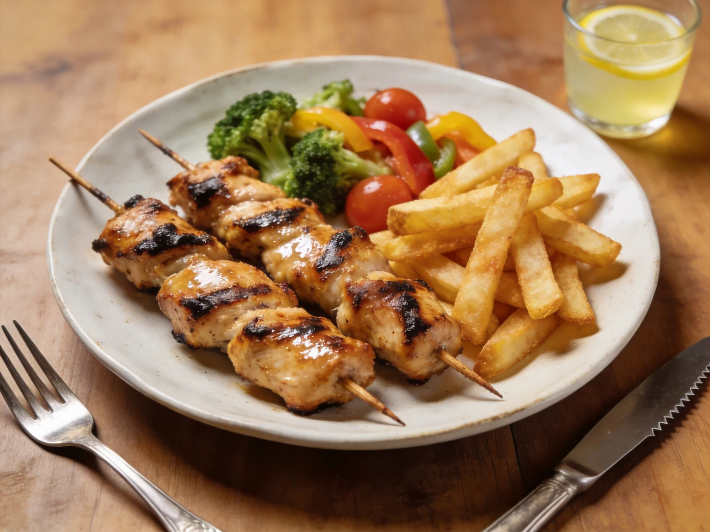 Grilled chicken skewers, crispy fries, and mixed veggies on a white plate