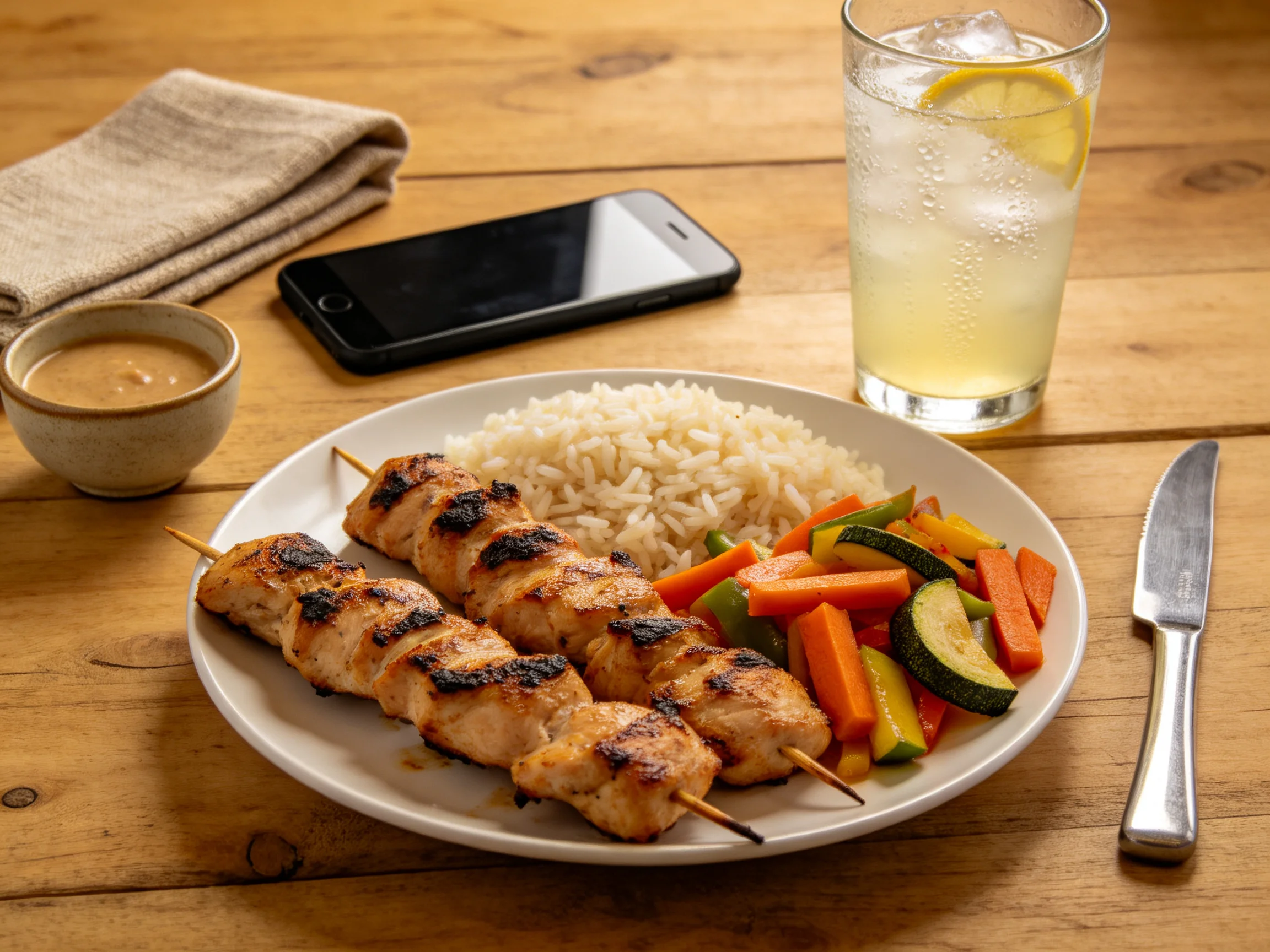 Grilled chicken skewers, rice, and vegetables on a wooden table