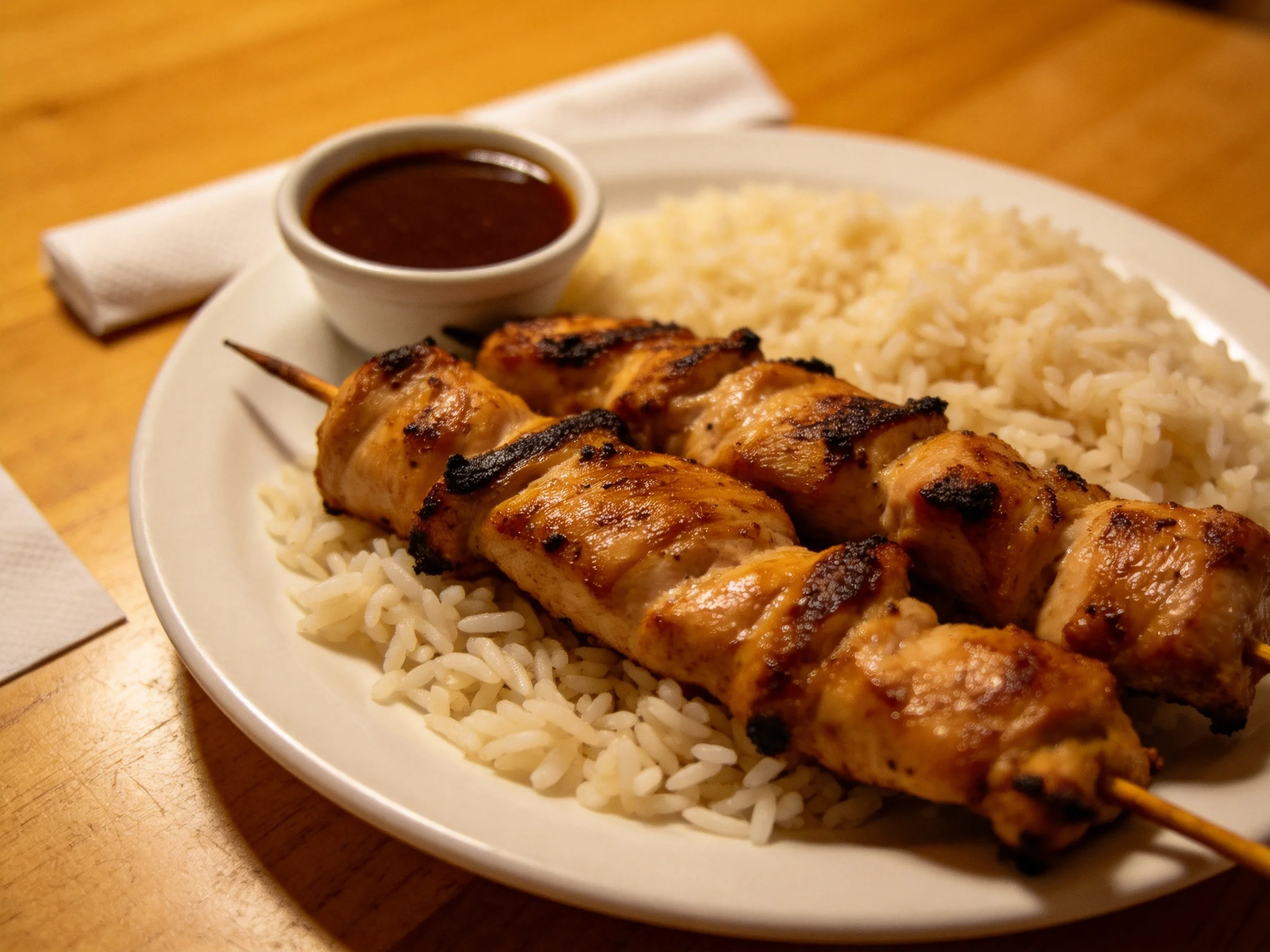 Grilled chicken skewers served over white rice with dark sauce