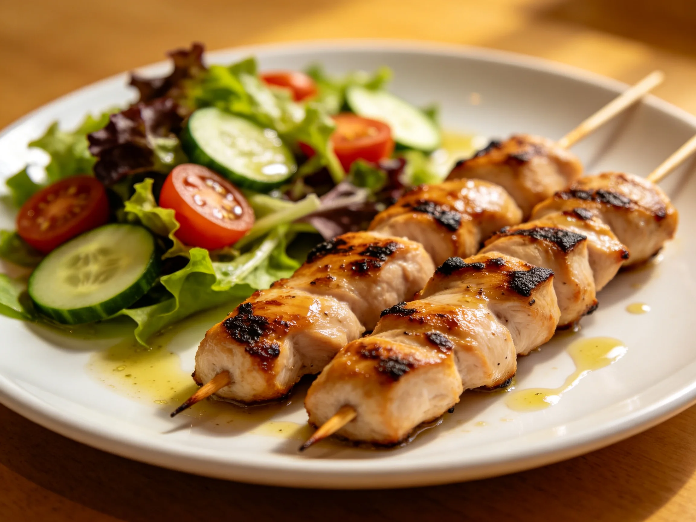 Grilled chicken skewers served with fresh mixed greens and vegetables