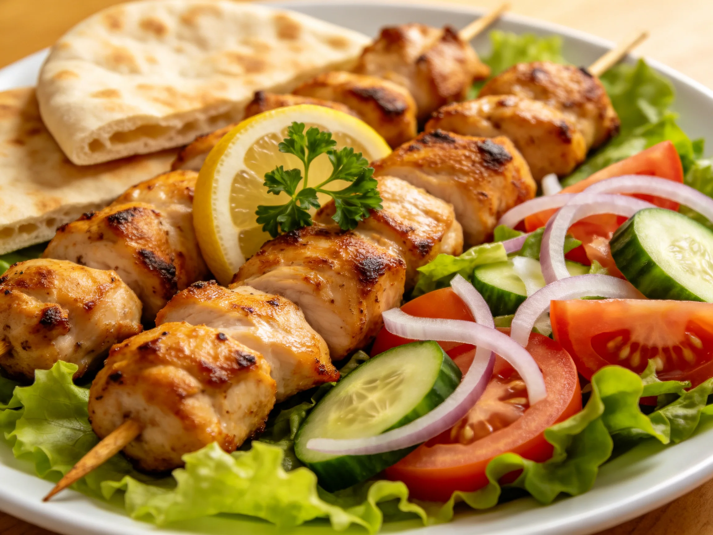 Grilled chicken skewers served with pita, fresh vegetable salad, and lemon garnish