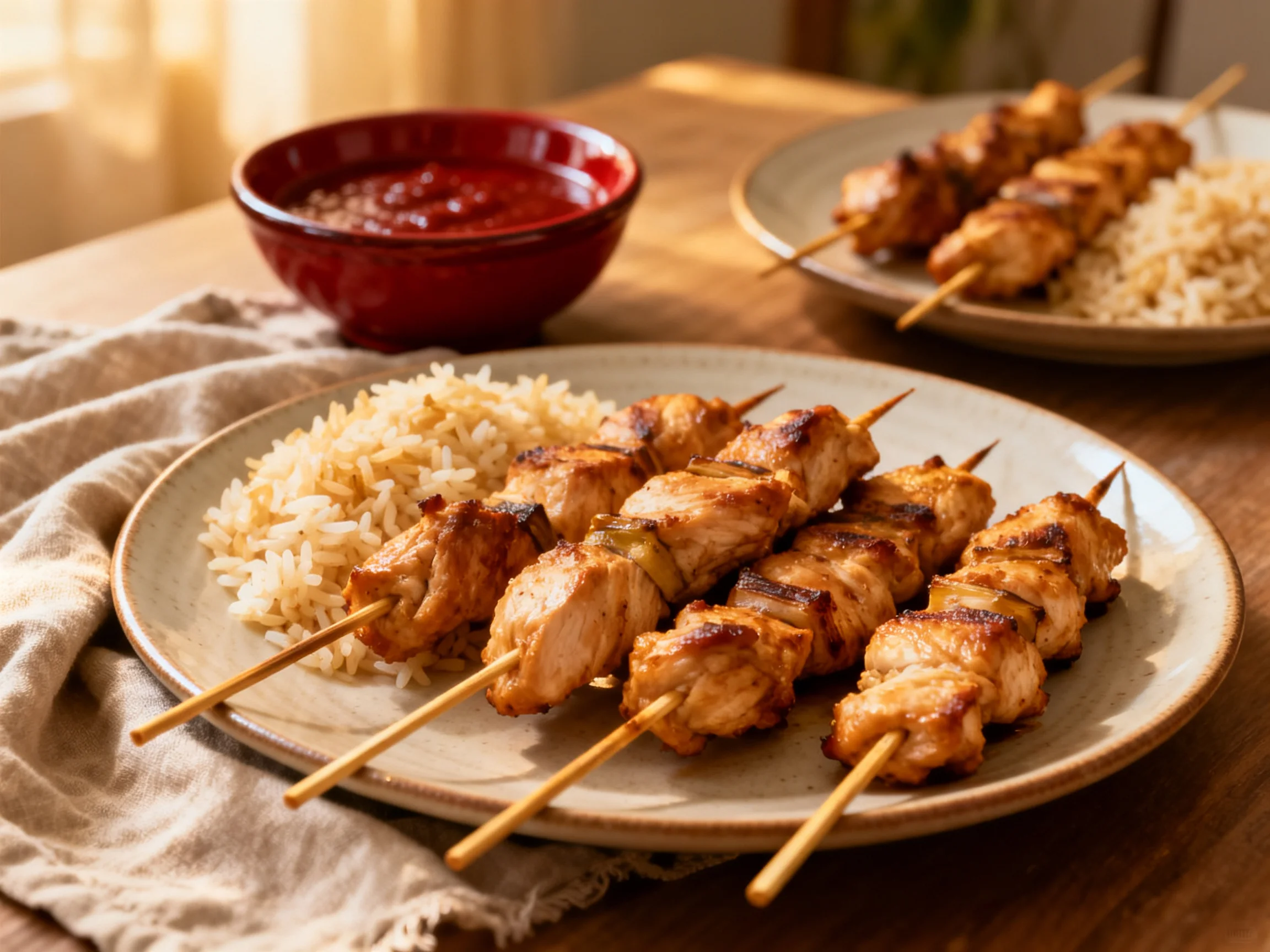 Grilled chicken skewers served with rice and red sauce