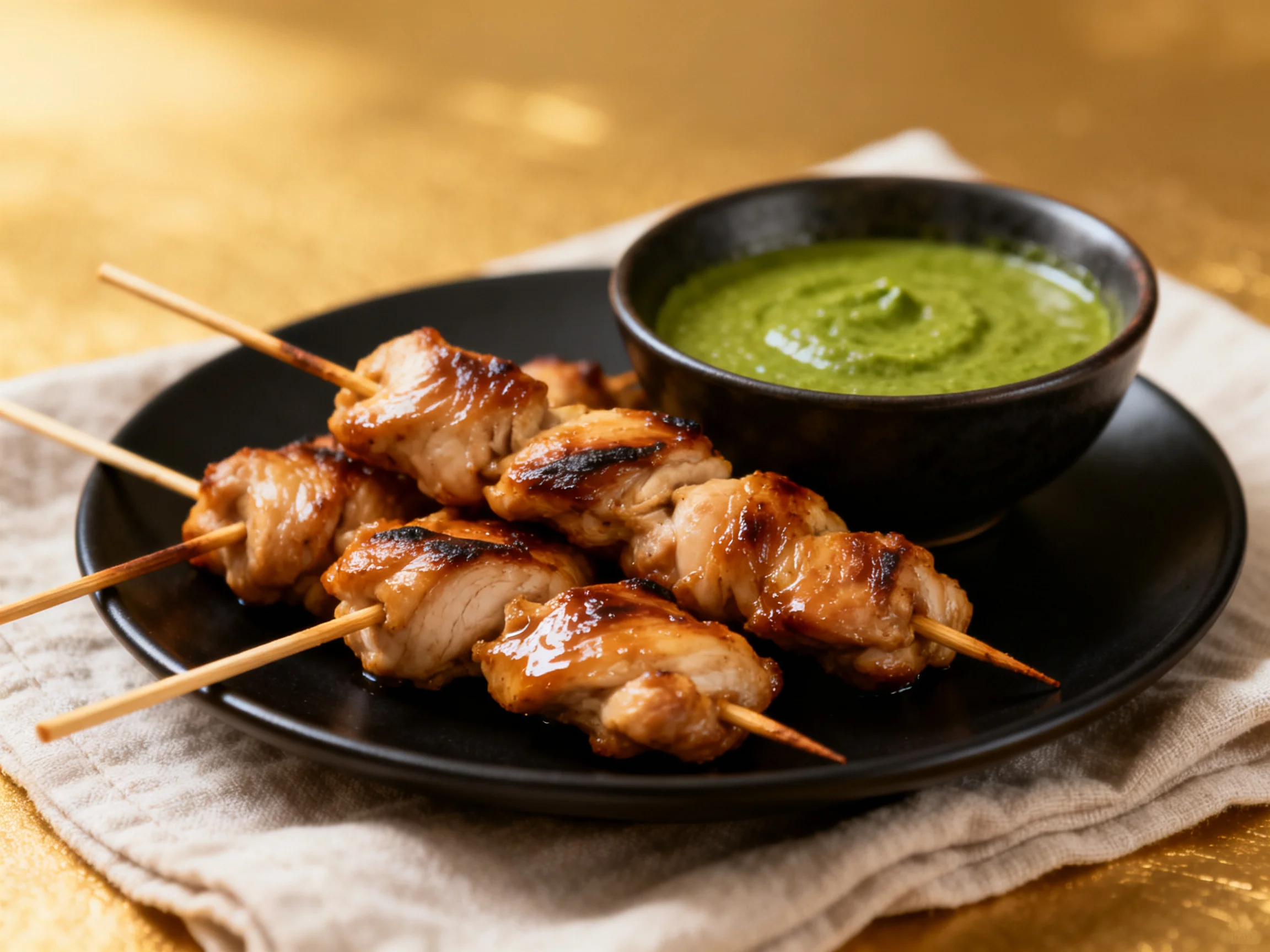 Grilled chicken skewers served with vibrant green dip on a sleek black plate