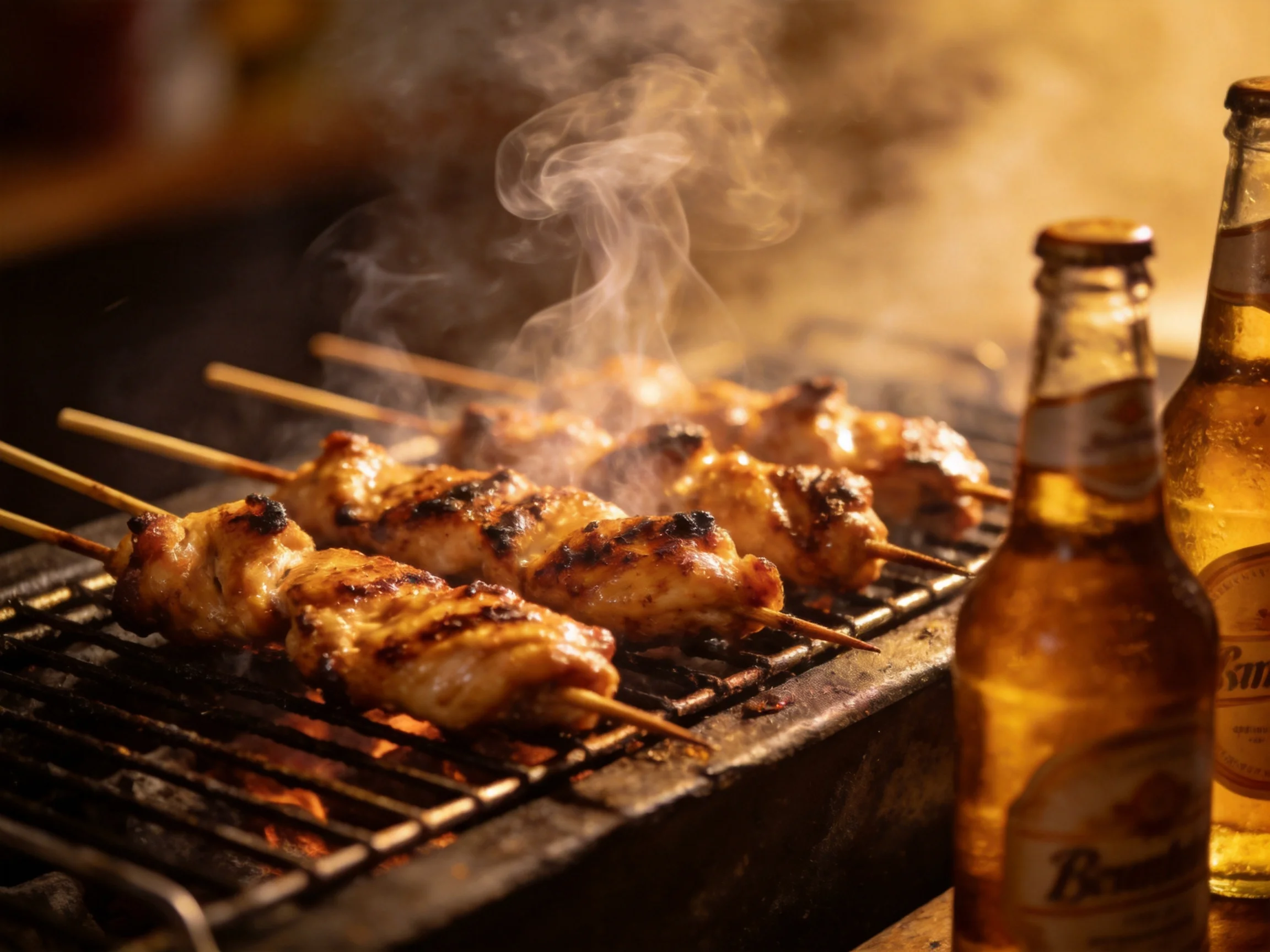 Grilled chicken skewers sizzle over an open flame with golden beer bottles nearby