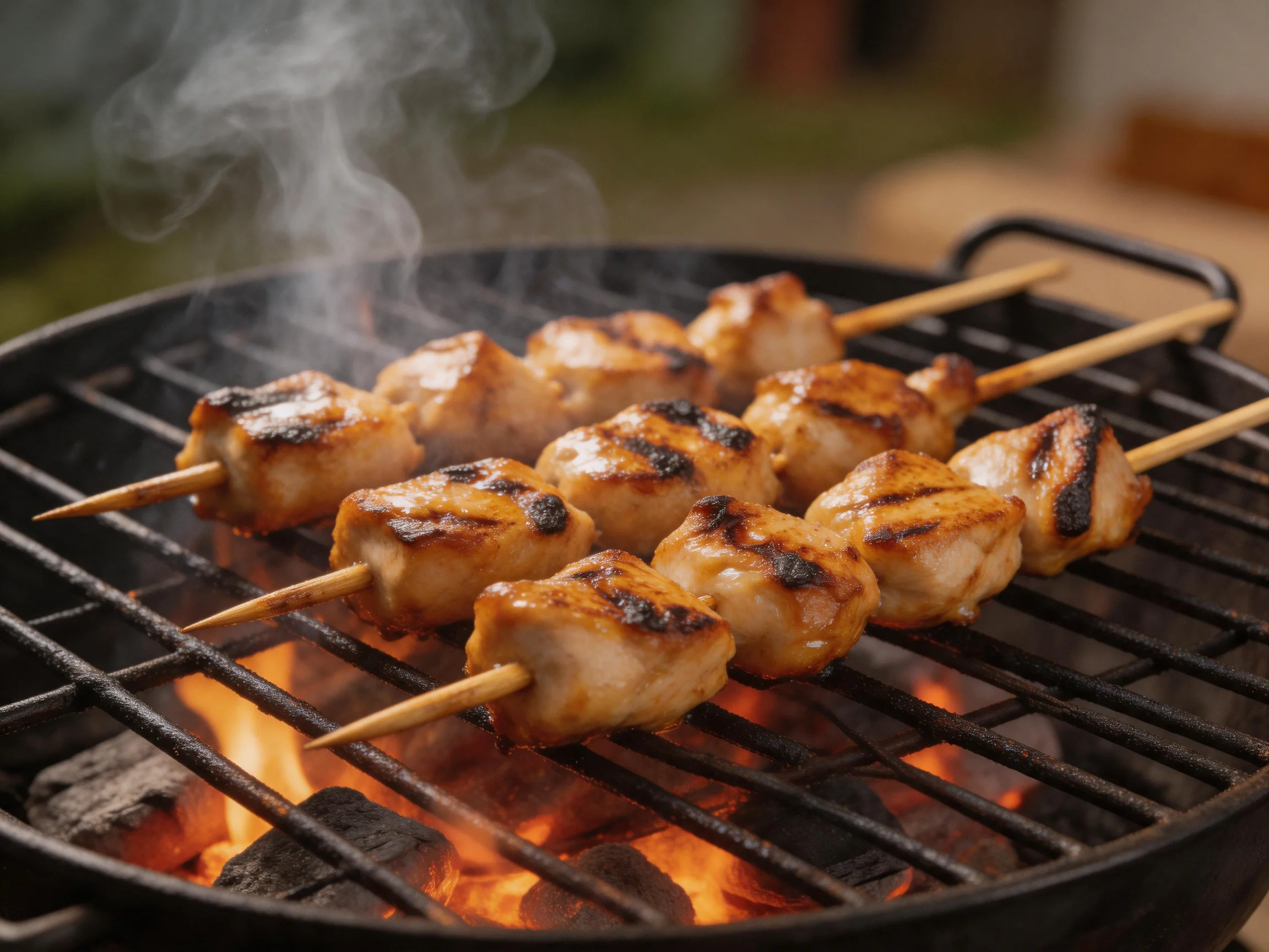 Grilled chicken skewers sizzle over blazing embers