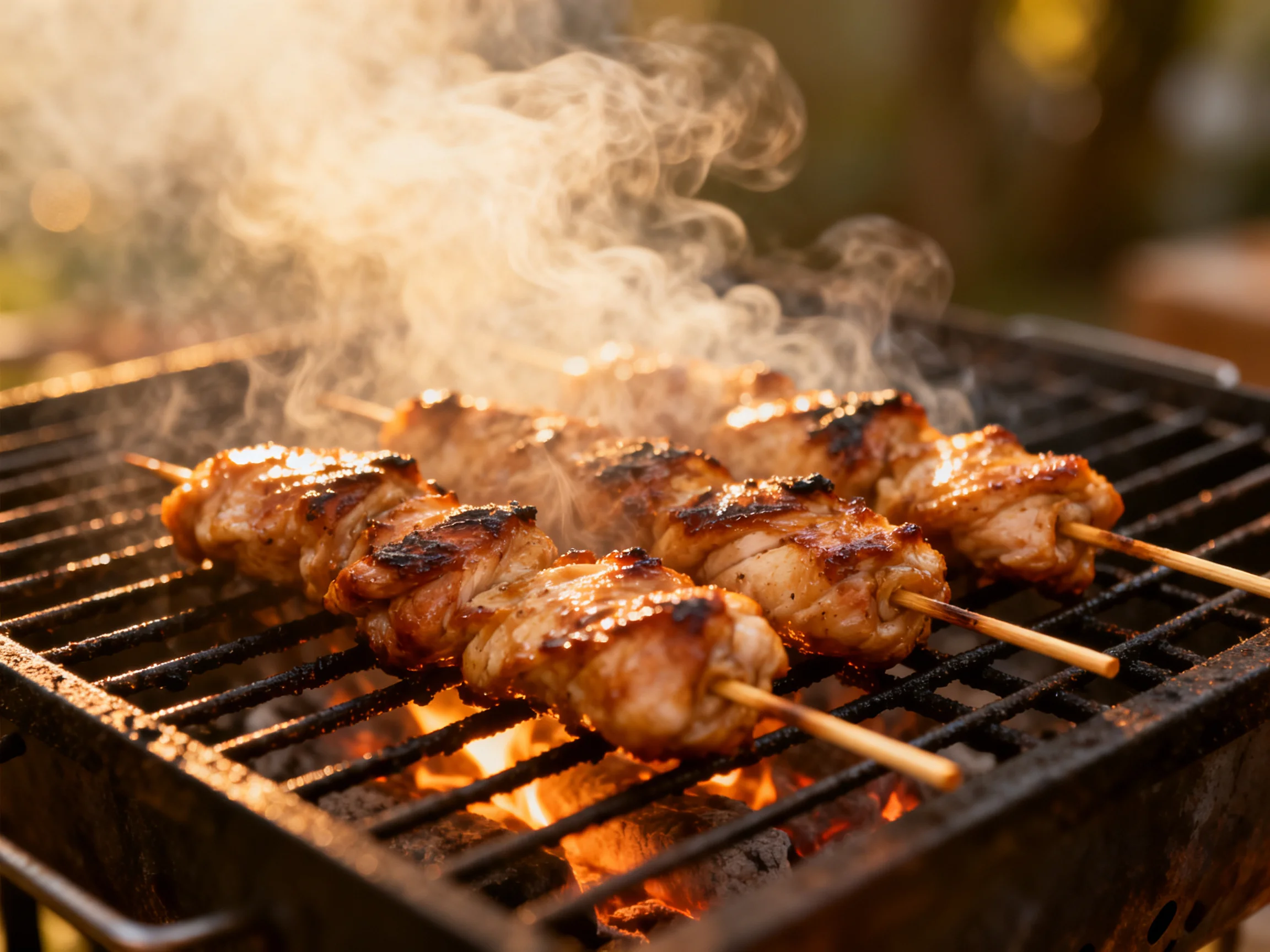 Grilled chicken skewers sizzle over bright flames on a black barbecue