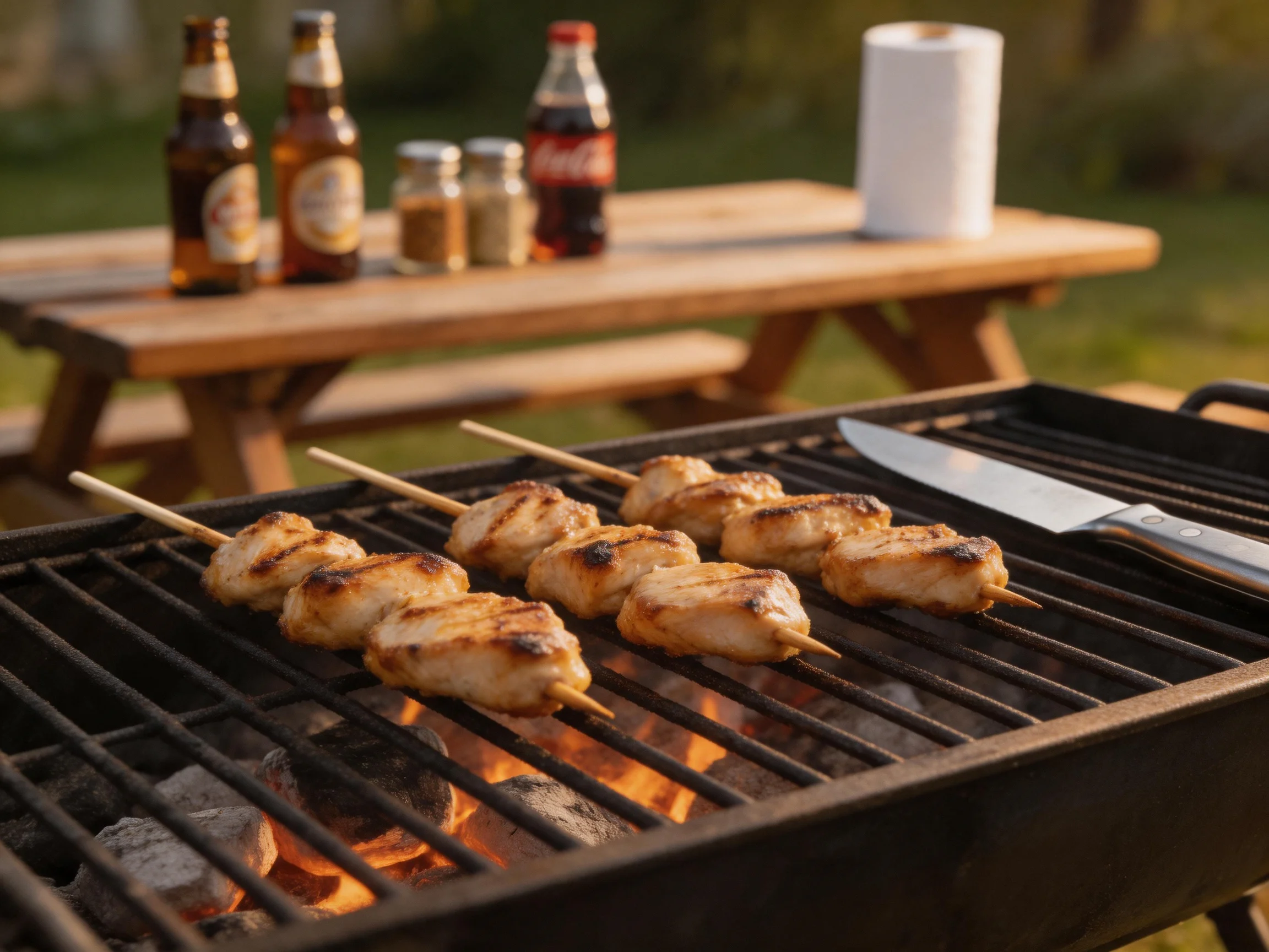 Grilled chicken skewers sizzle over charcoal near a wooden picnic table