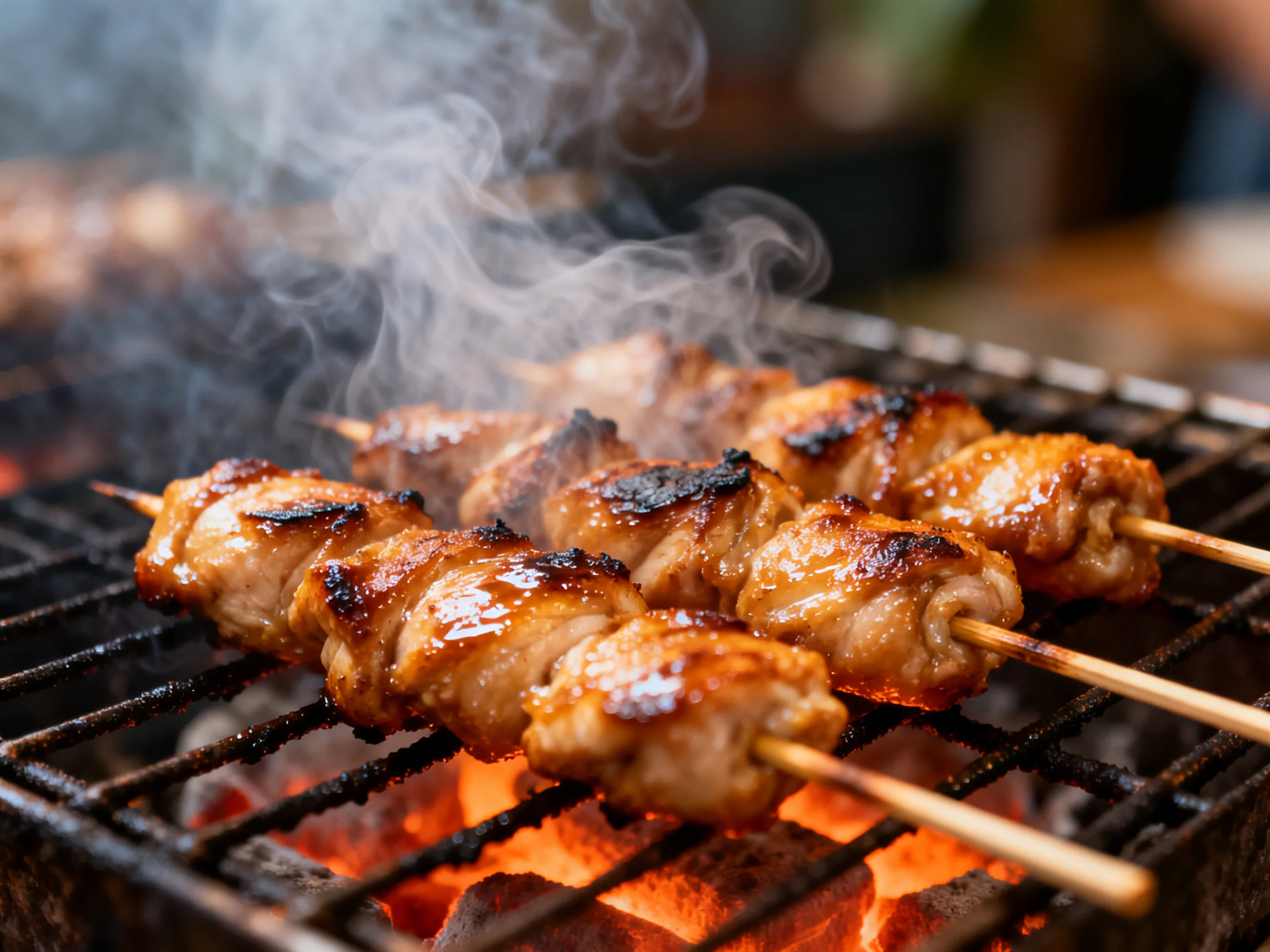 Grilled chicken skewers sizzle over glowing embers with rising smoke