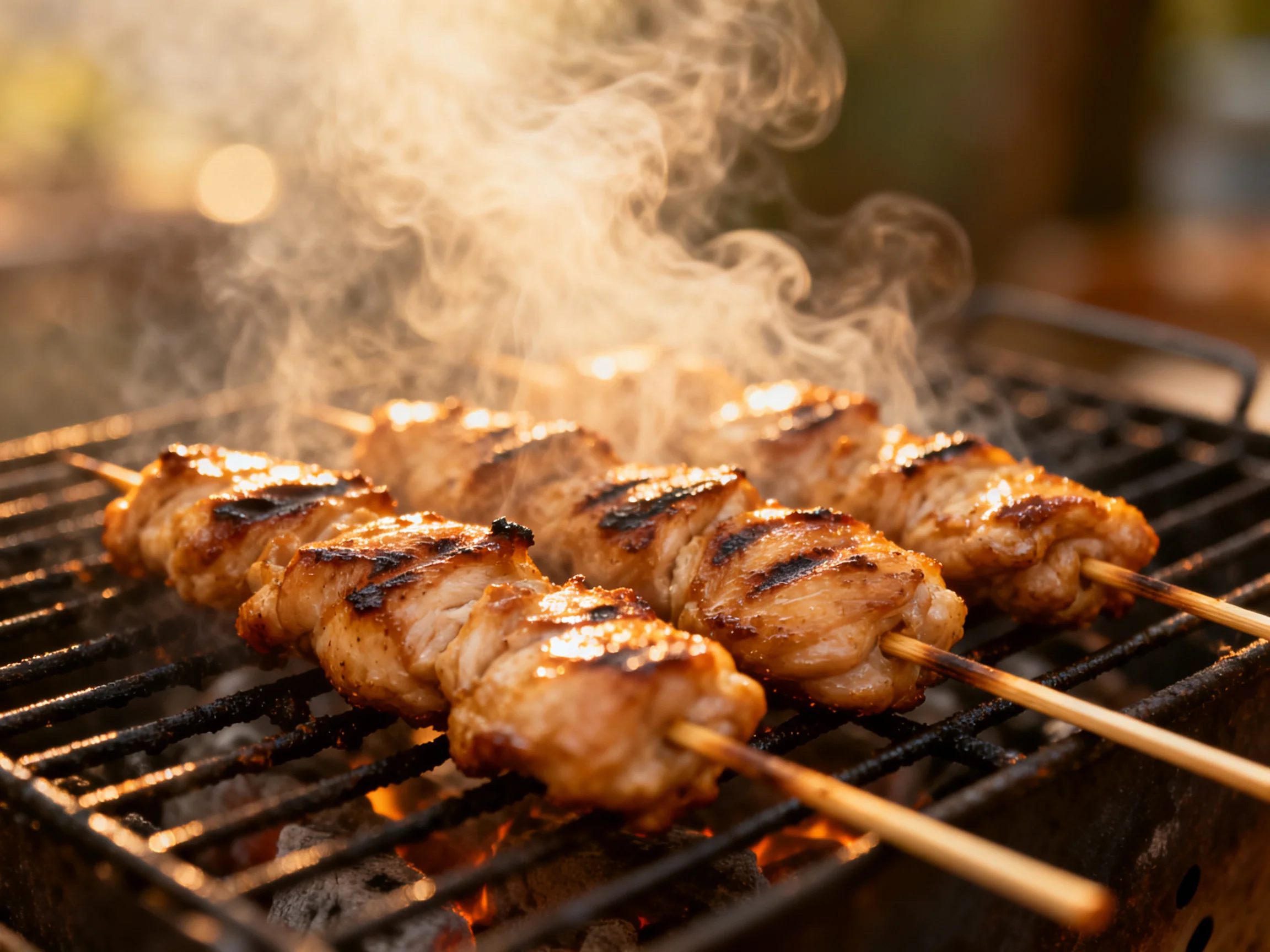 Grilled chicken skewers sizzling over a charcoal grill with rising smoke