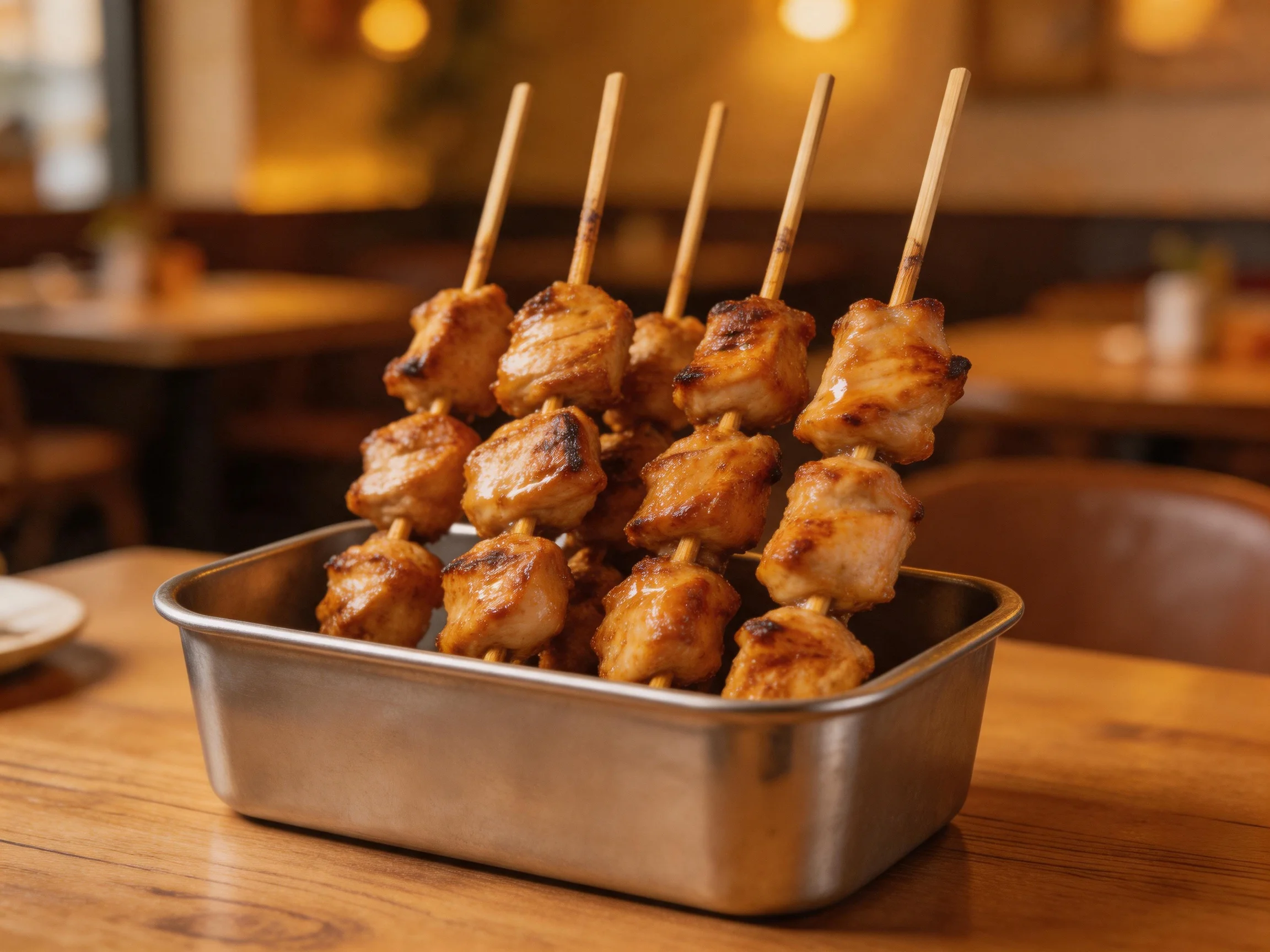 Grilled chicken skewers stacked in a metallic tray at a cozy restaurant