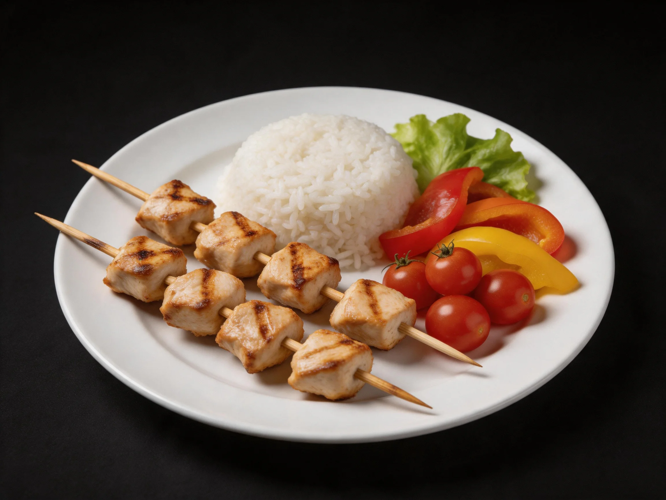 Grilled chicken skewers, white rice, and colorful vegetable sides