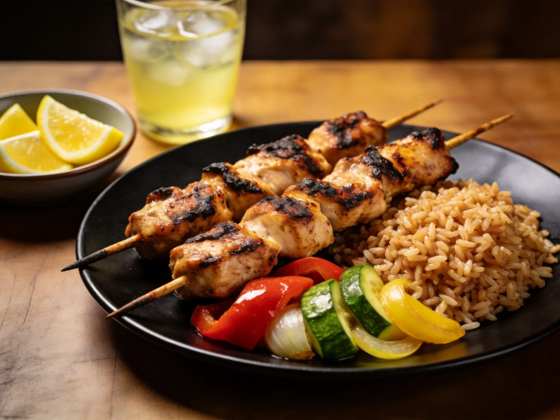 Grilled chicken skewers with brown rice and fresh vegetables