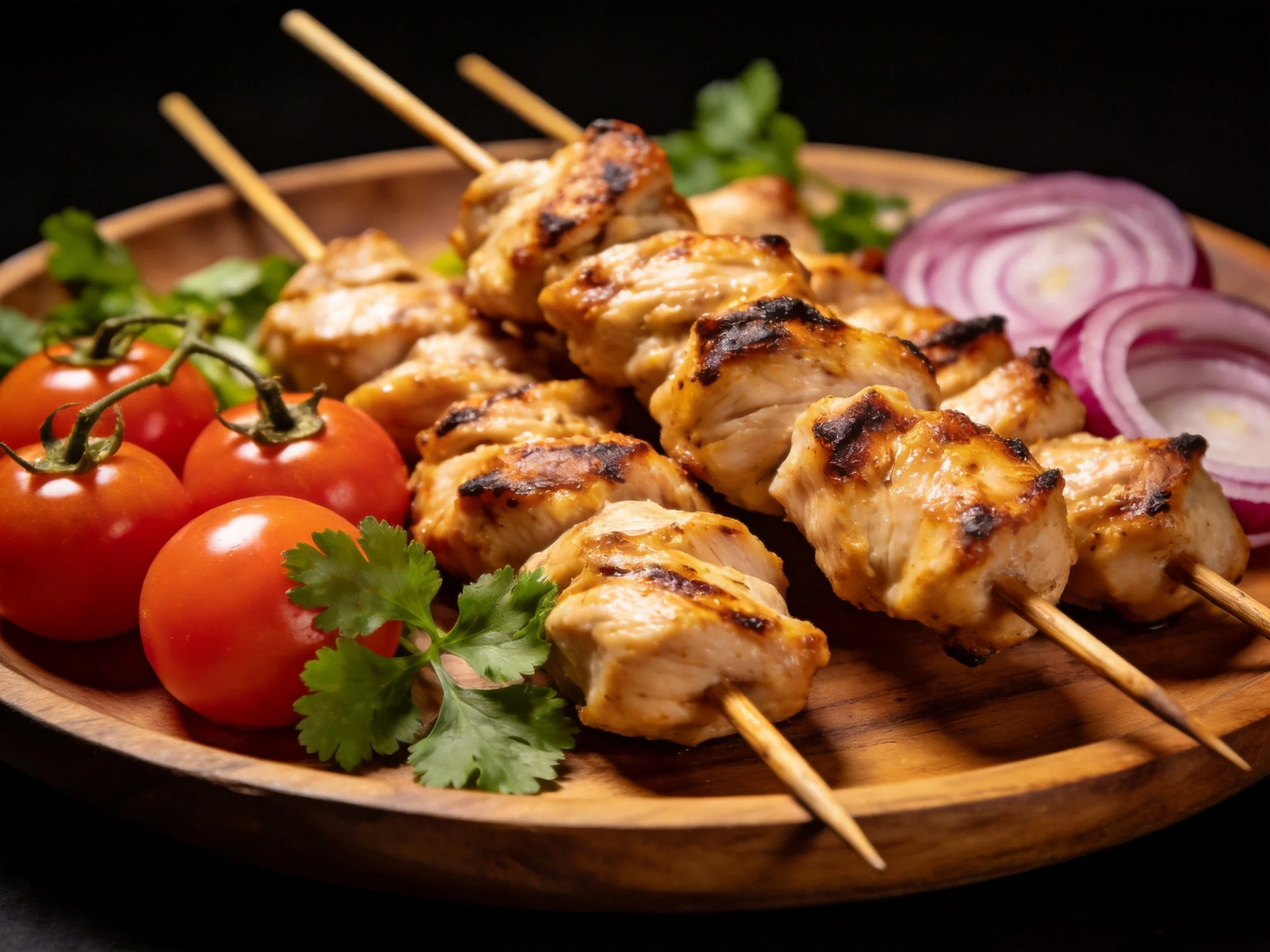 Grilled chicken skewers with cherry tomatoes, red onions, and cilantro
