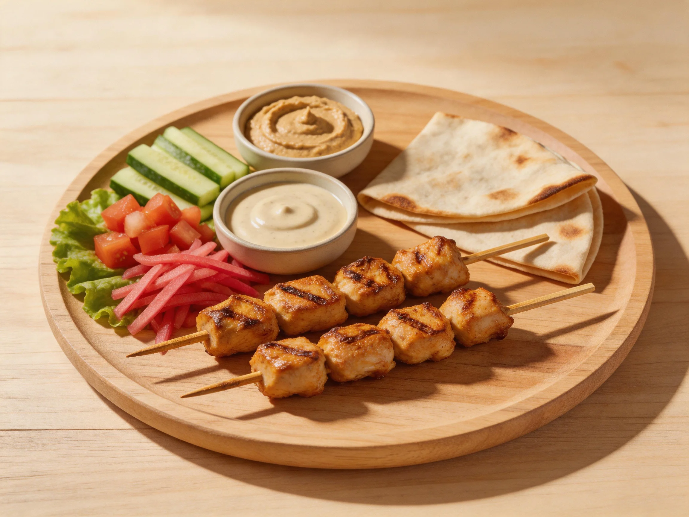Grilled chicken skewers with pita, veggies, and two hummus dips