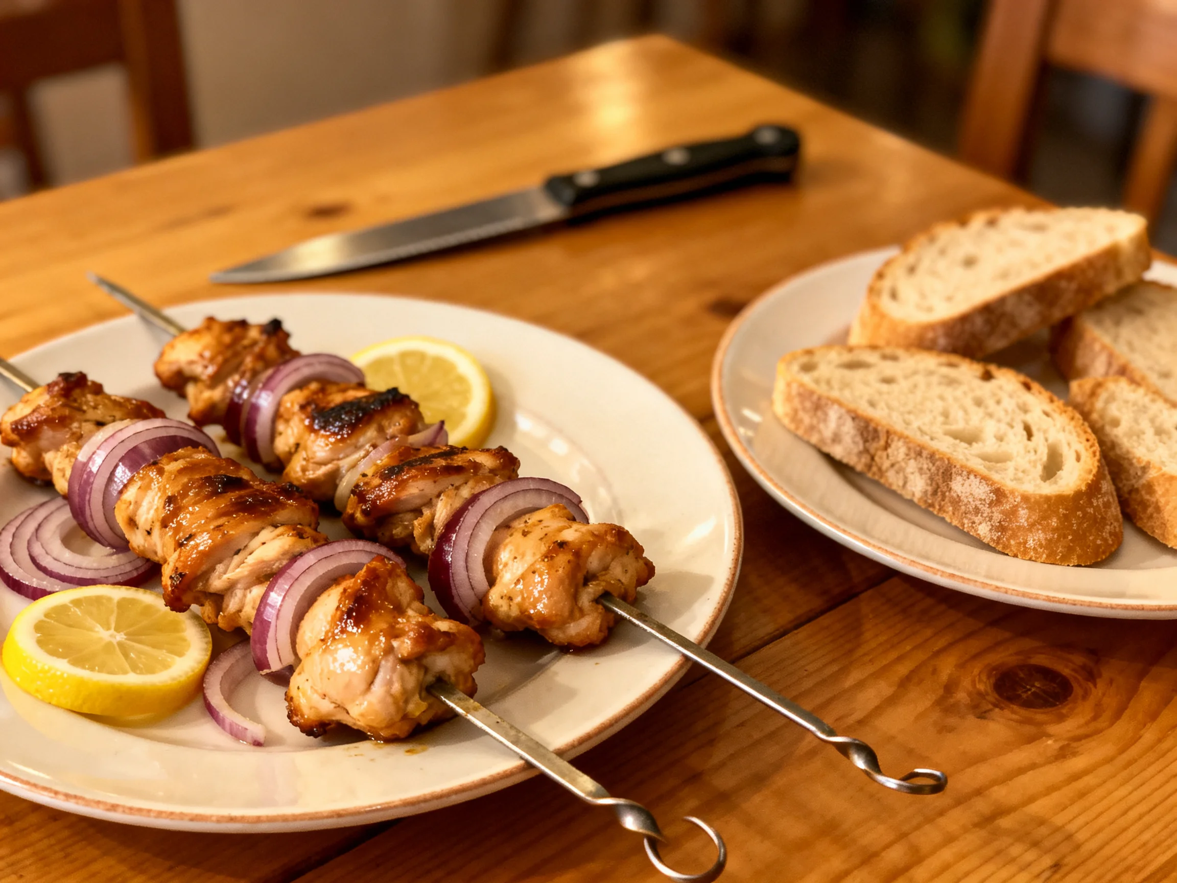 Grilled chicken skewers with red onions, lemon, and bread on a wooden table