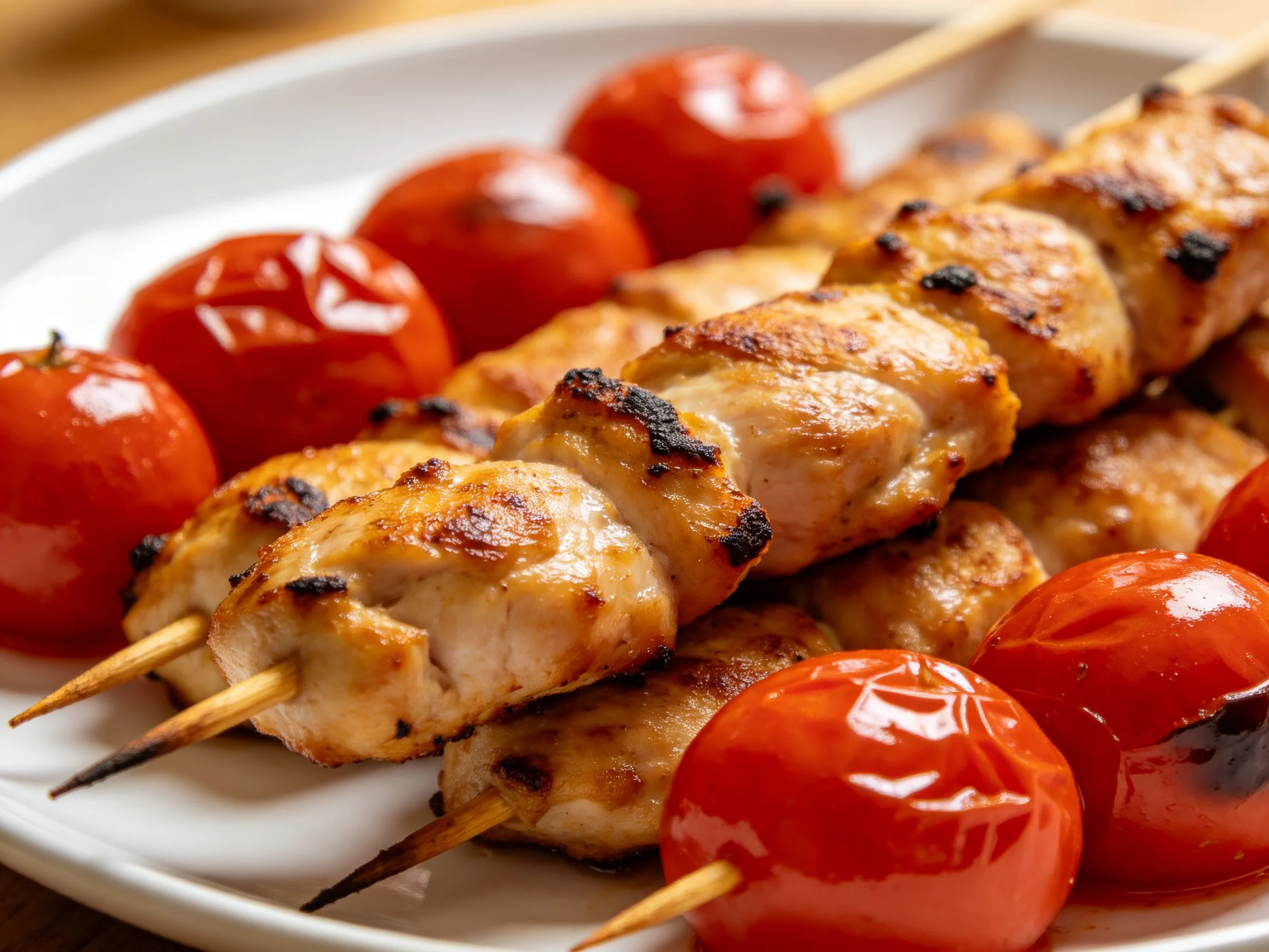 Grilled chicken skewers with roasted cherry tomatoes on a white plate