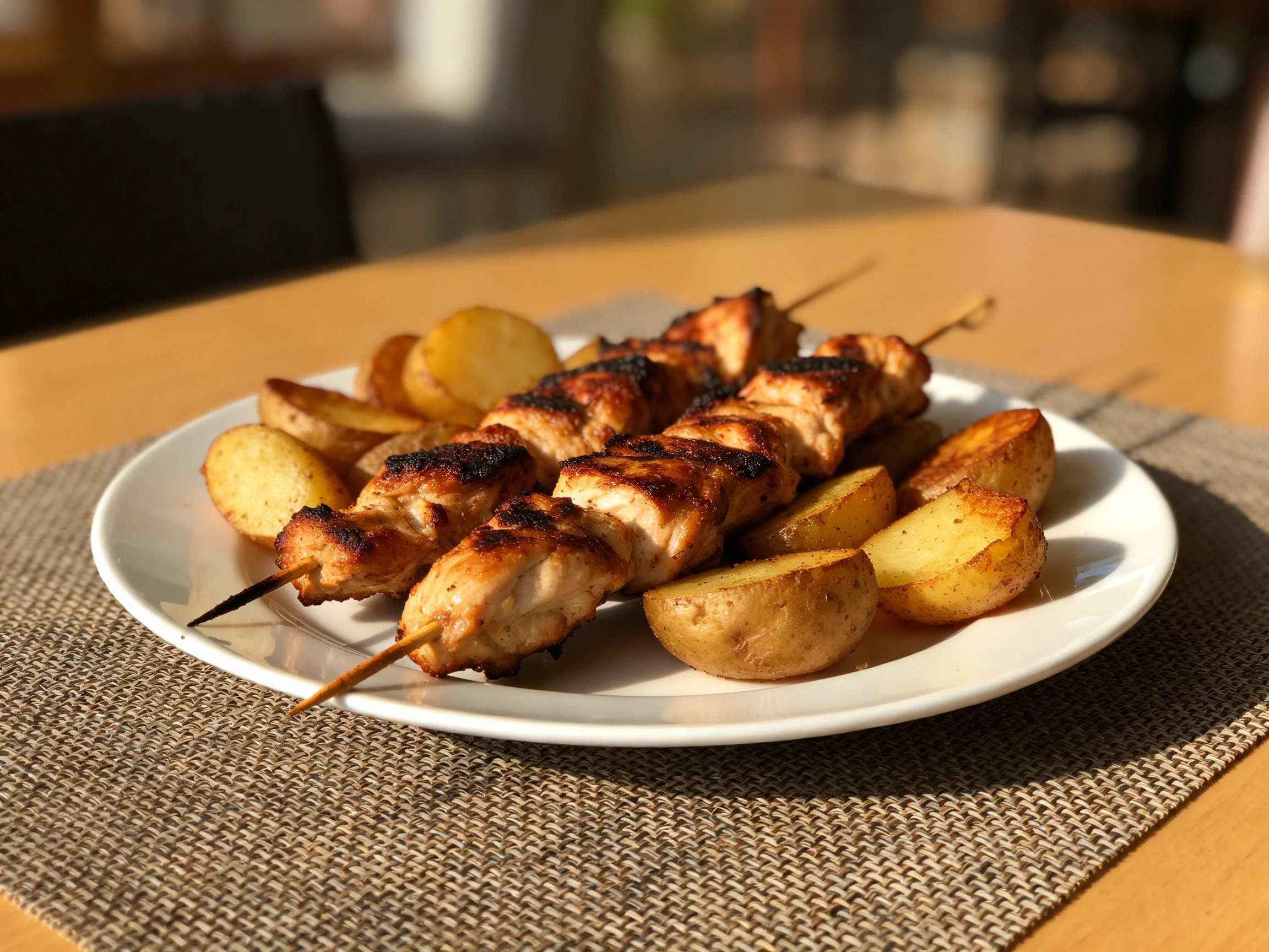 Grilled chicken skewers with roasted potato halves on a white plate