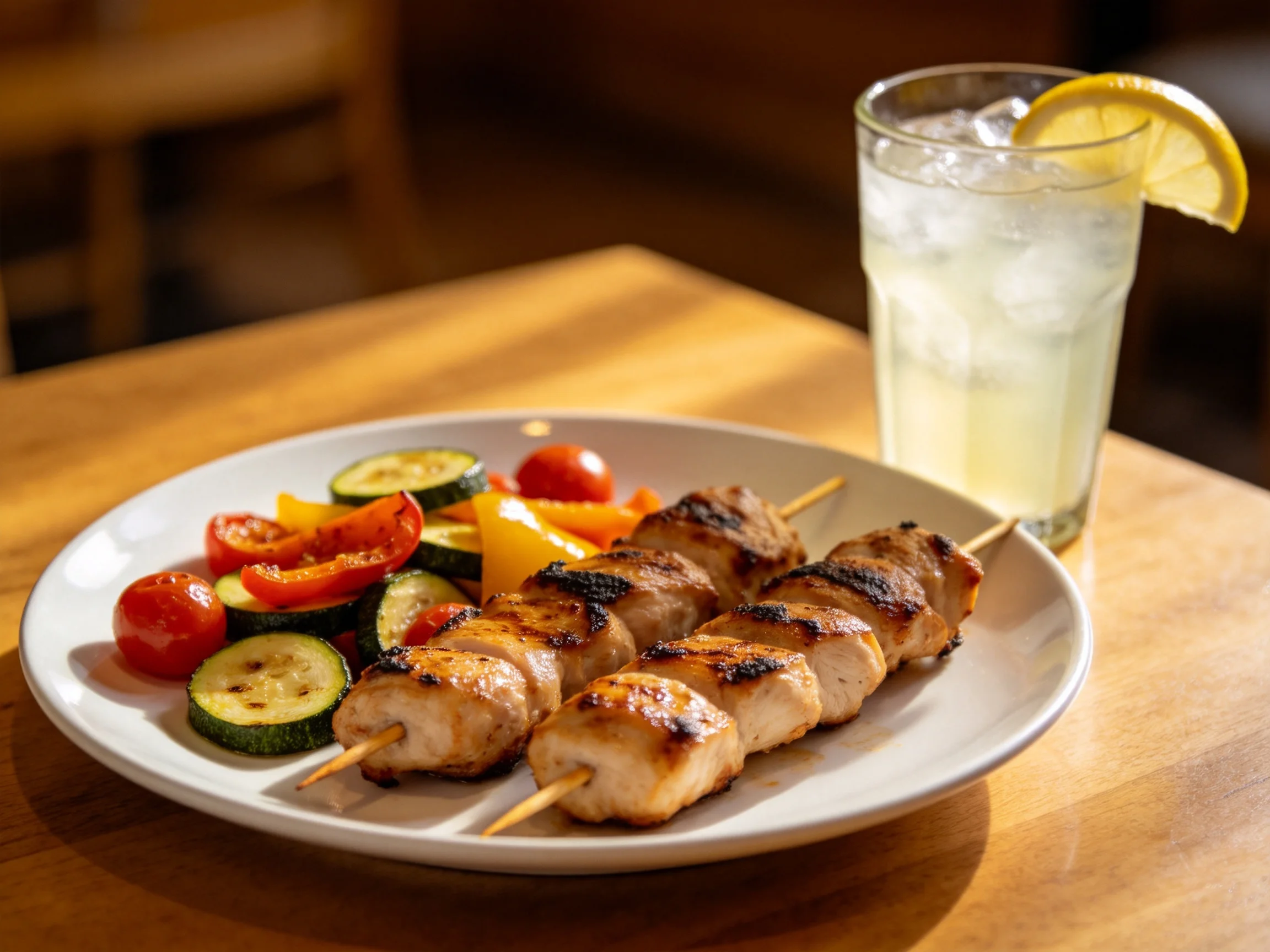 Grilled chicken skewers with roasted vegetables and a lemonade drink