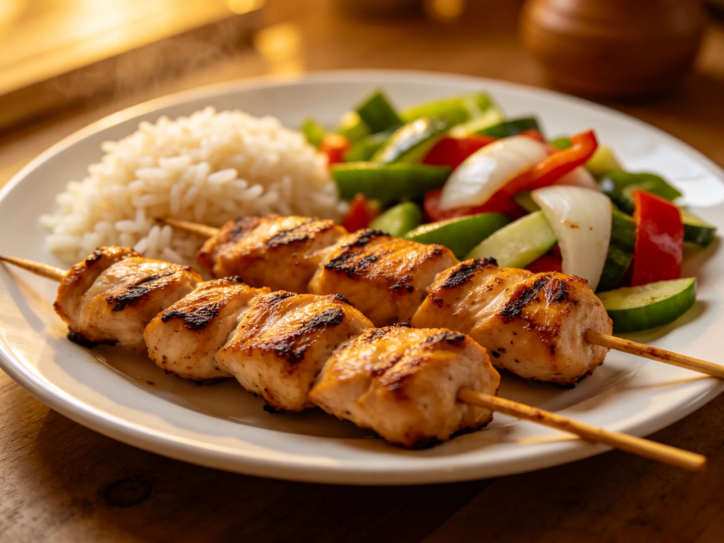 Grilled chicken skewers with white rice and colorful vegetables