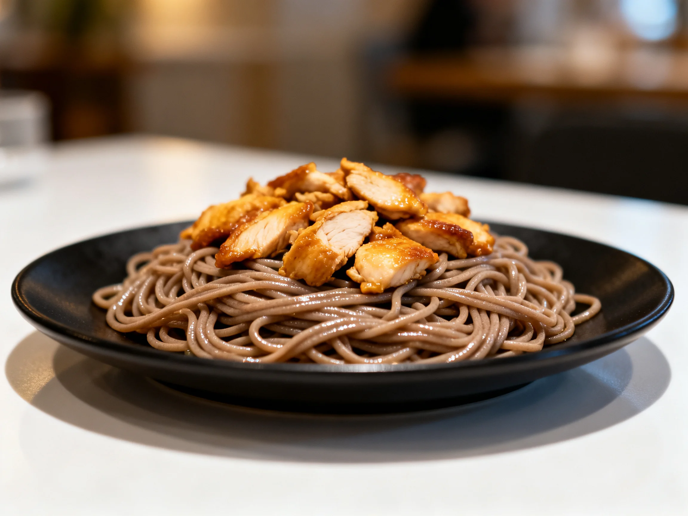 Grilled chicken slices atop a bed of soba noodles in a black dish