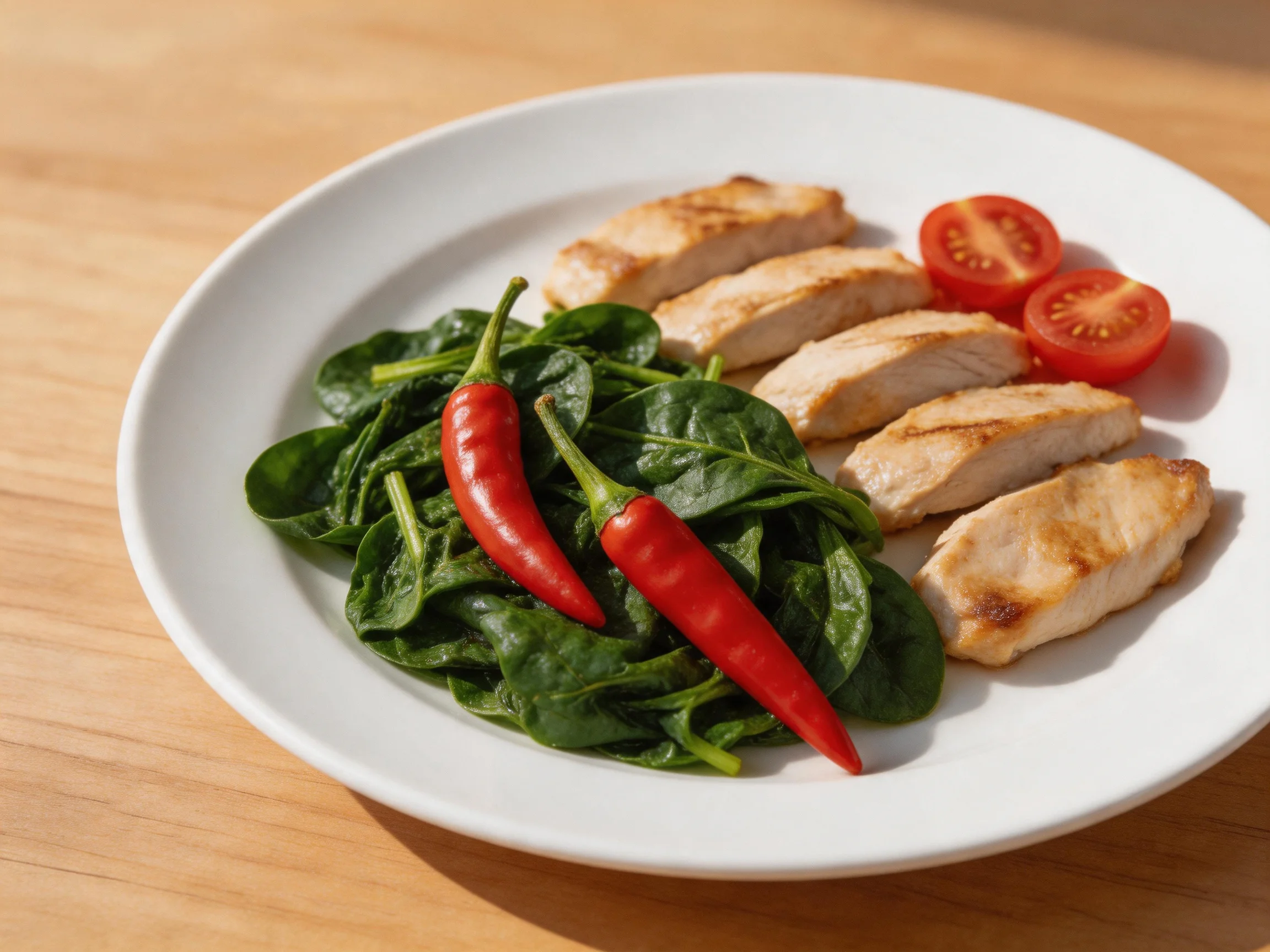 Grilled chicken strips, spinach, chilies, and cherry tomatoes on a white plate