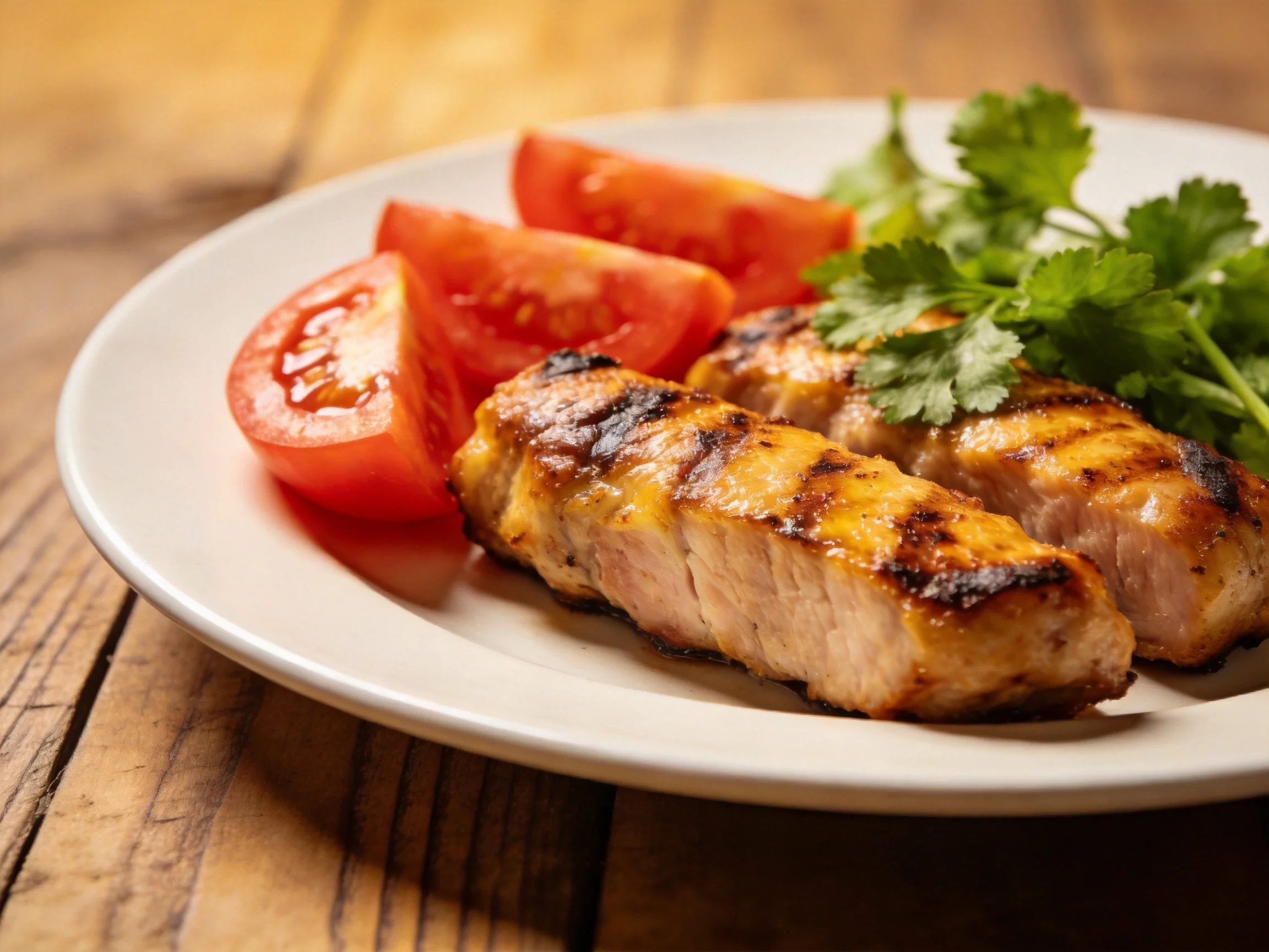 Grilled chicken strips with fresh tomatoes and cilantro on a white plate