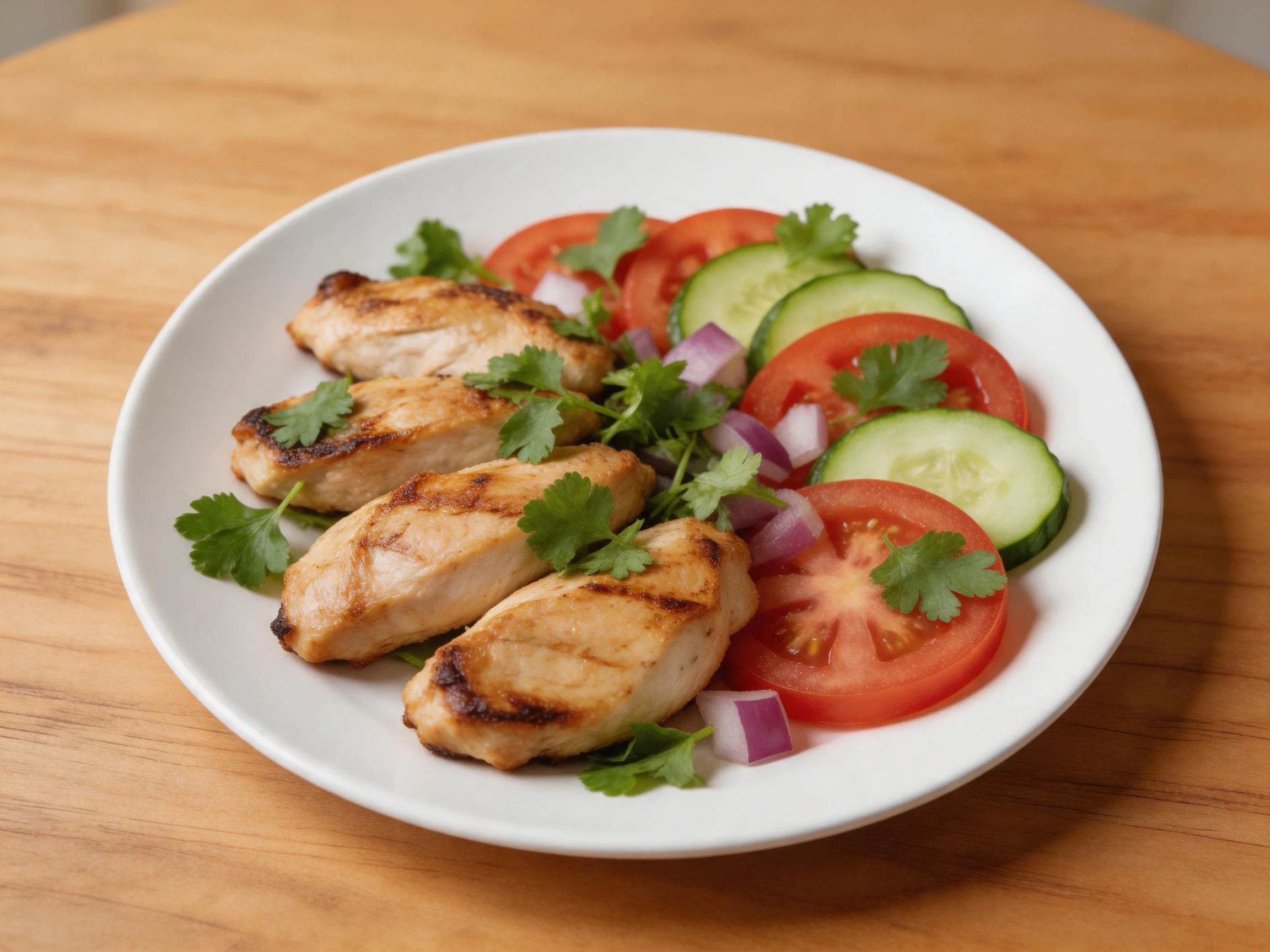 Grilled chicken tenders with tomato cucumber salad and fresh herbs