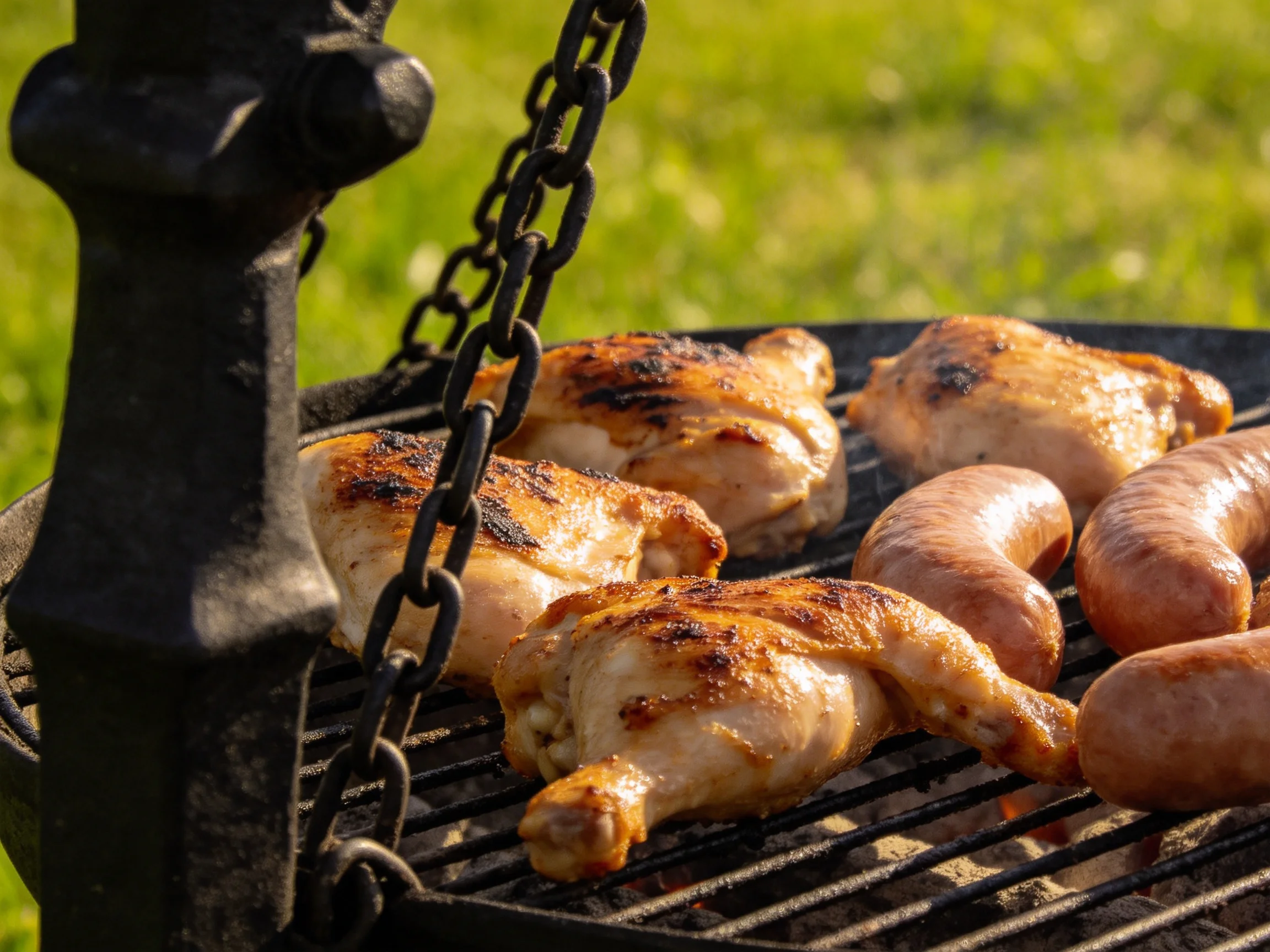 Grilled chicken thighs and sausages cook on an outdoor cast iron grill