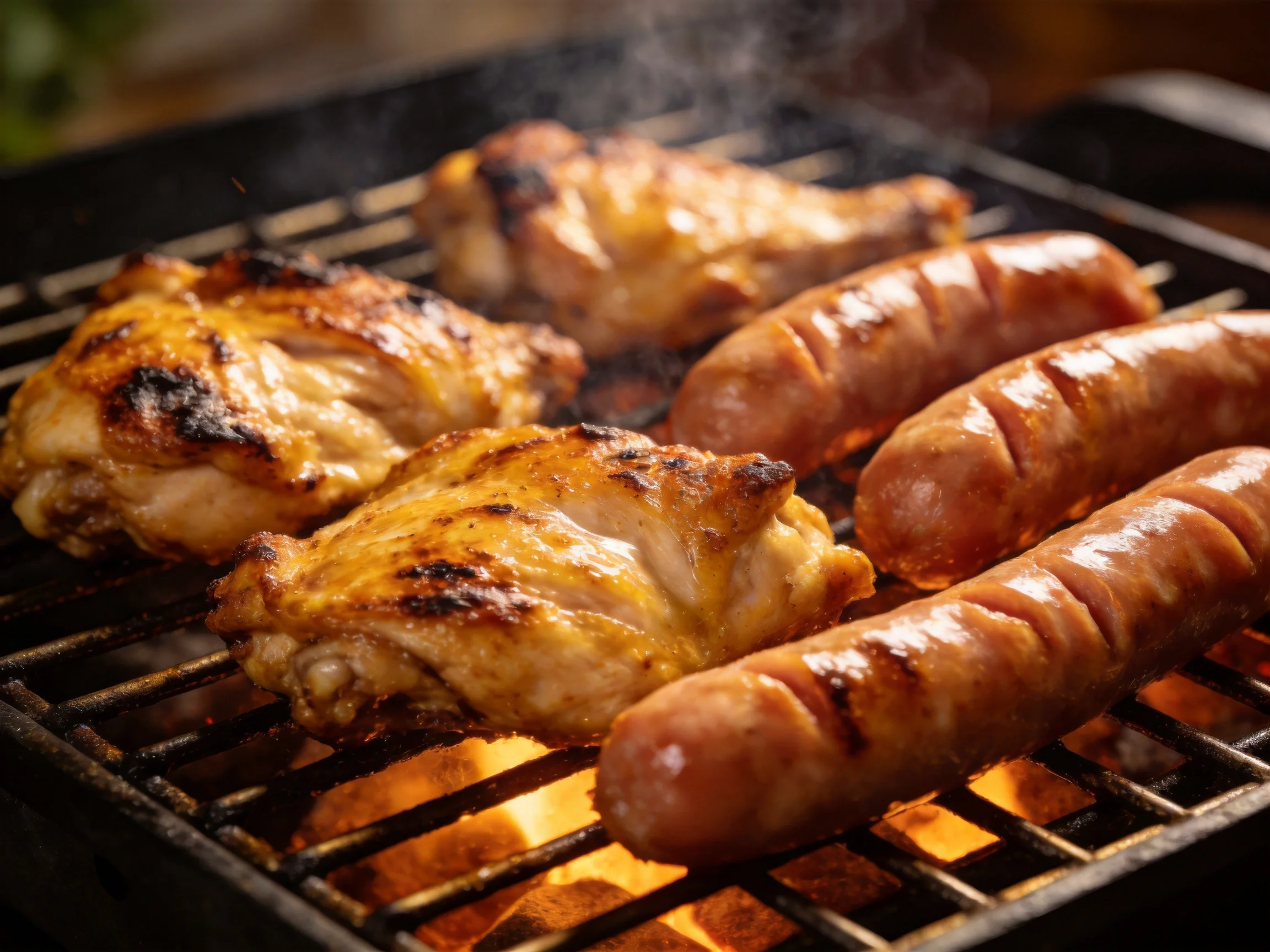 Grilled chicken thighs and sausages sizzle over bright embers