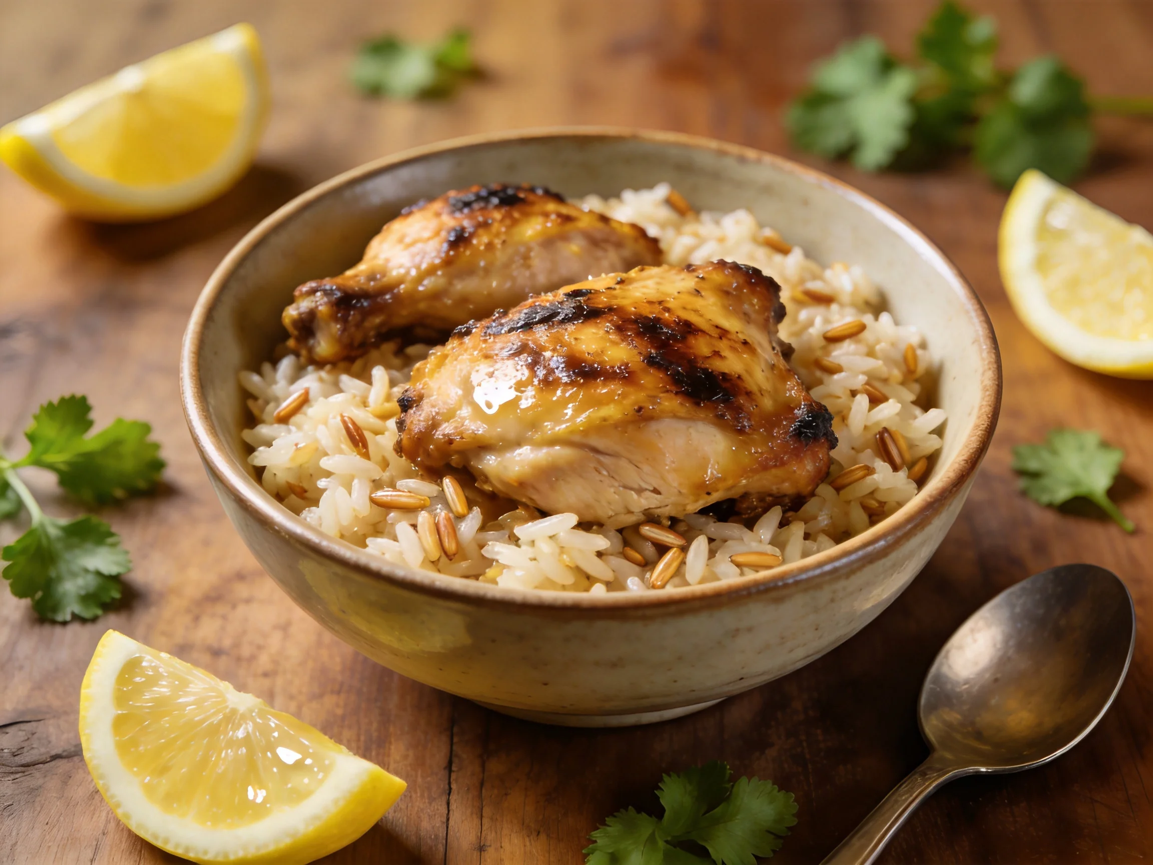 Grilled chicken thighs over mixed rice with lemons and cilantro
