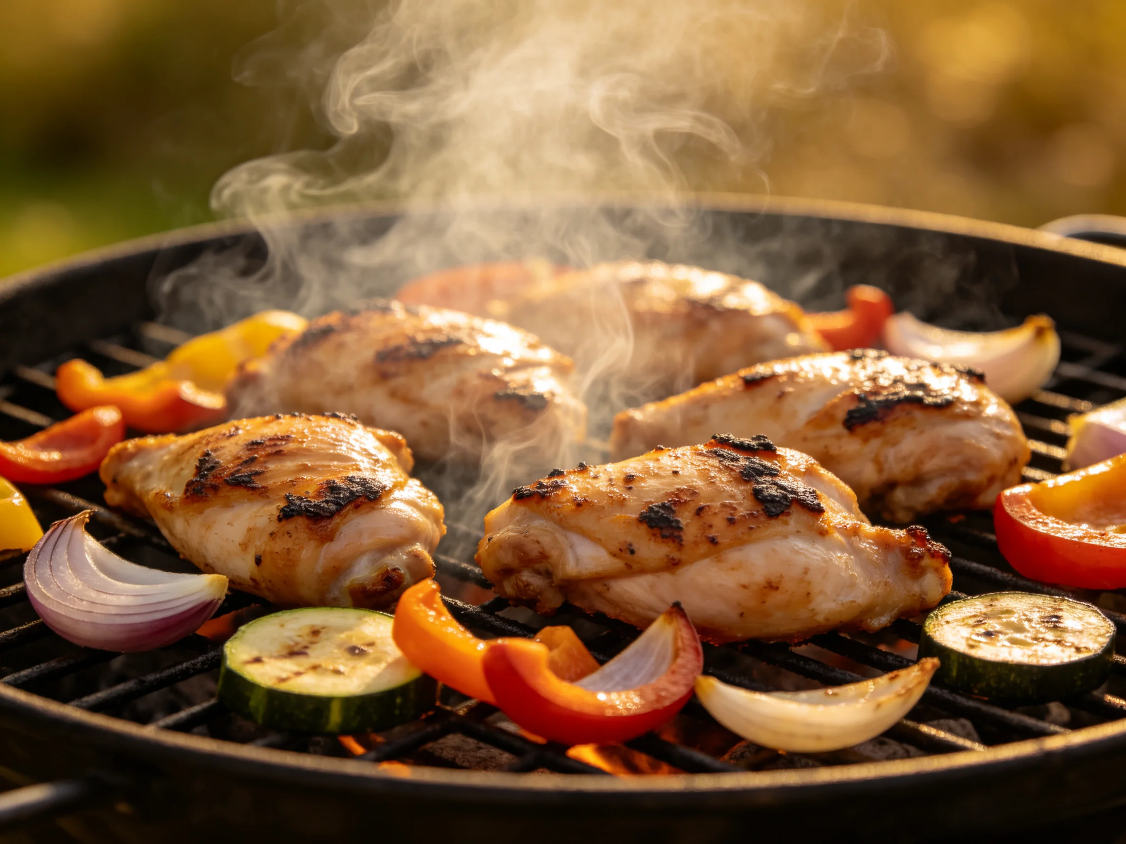 Grilled chicken thighs with colorful vegetables grilling over an open flame