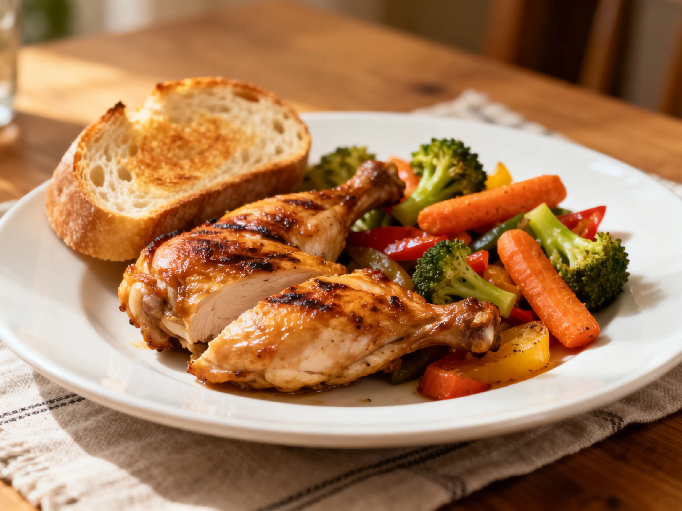 Grilled chicken, toasted bread, and vibrant vegetables on a white plate