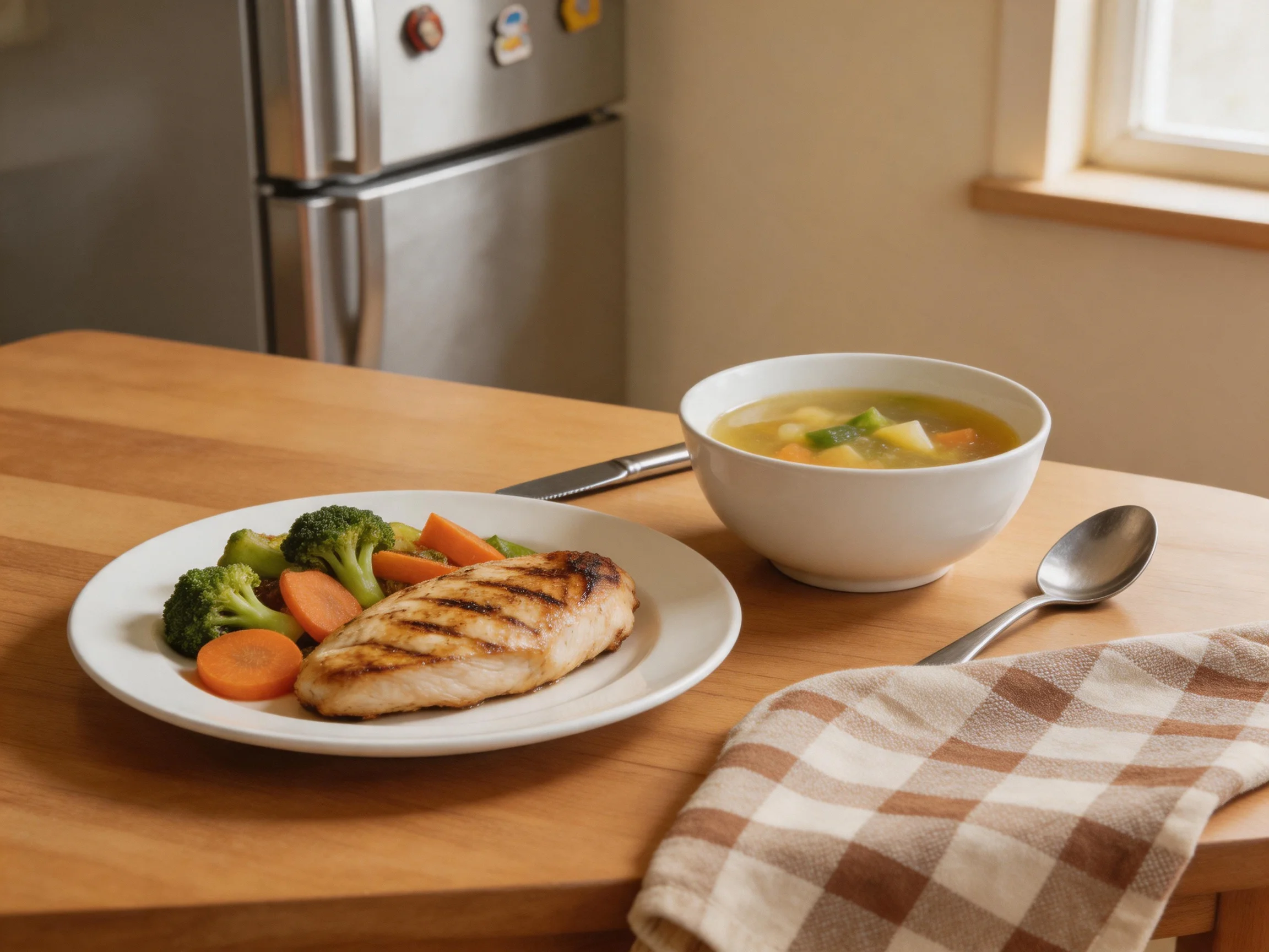Grilled chicken, vegetables, and soup served on wooden table near stainless fridge