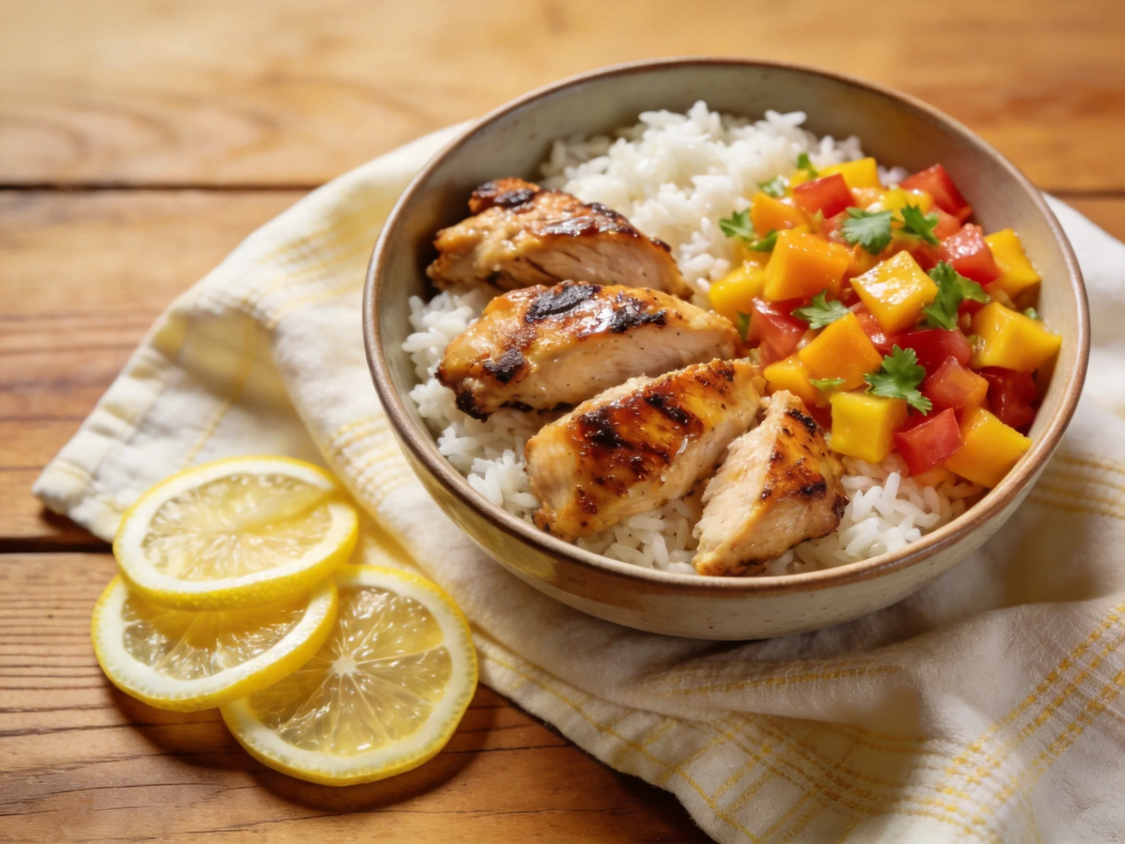 Grilled chicken, white rice, and mango salsa served in a bowl with lemon slices