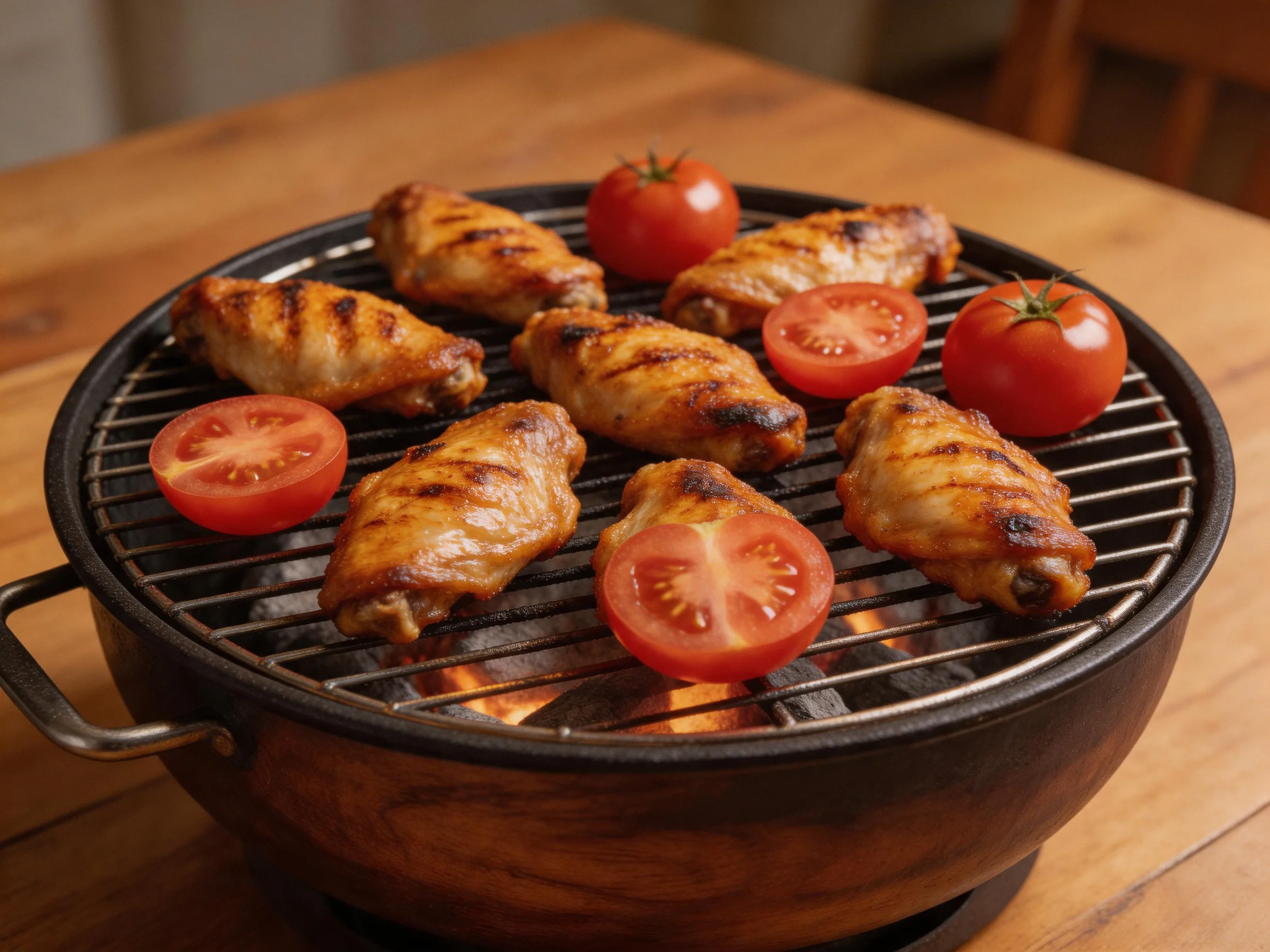 Grilled chicken wings and cherry tomatoes on a small charcoal grill