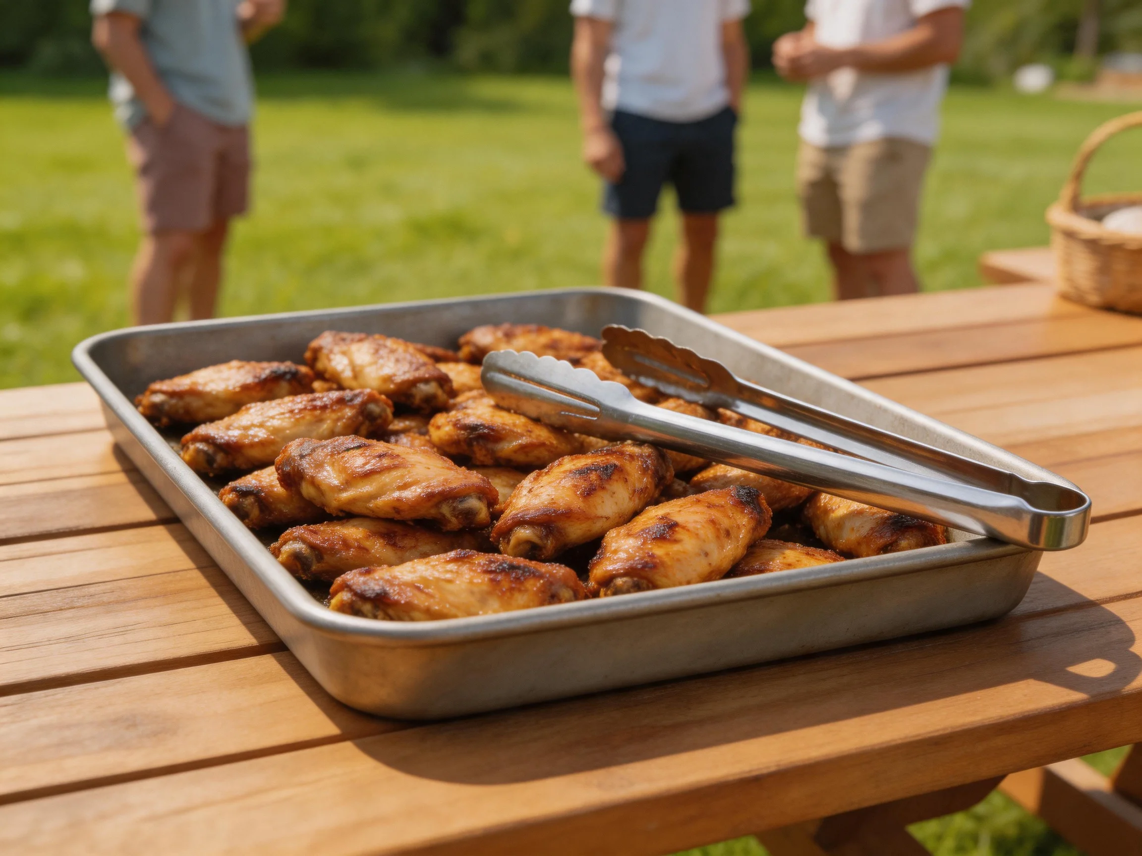 Grilled chicken wings in a metal tray on a wooden picnic table
