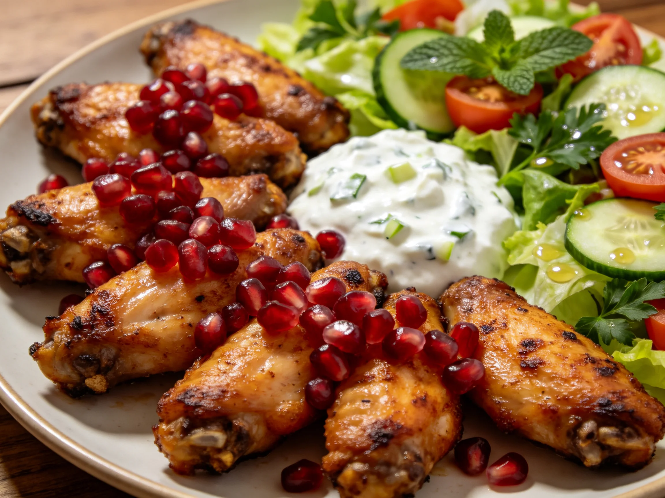 Grilled chicken wings with pomegranate, cucumber salad, and yogurt dip