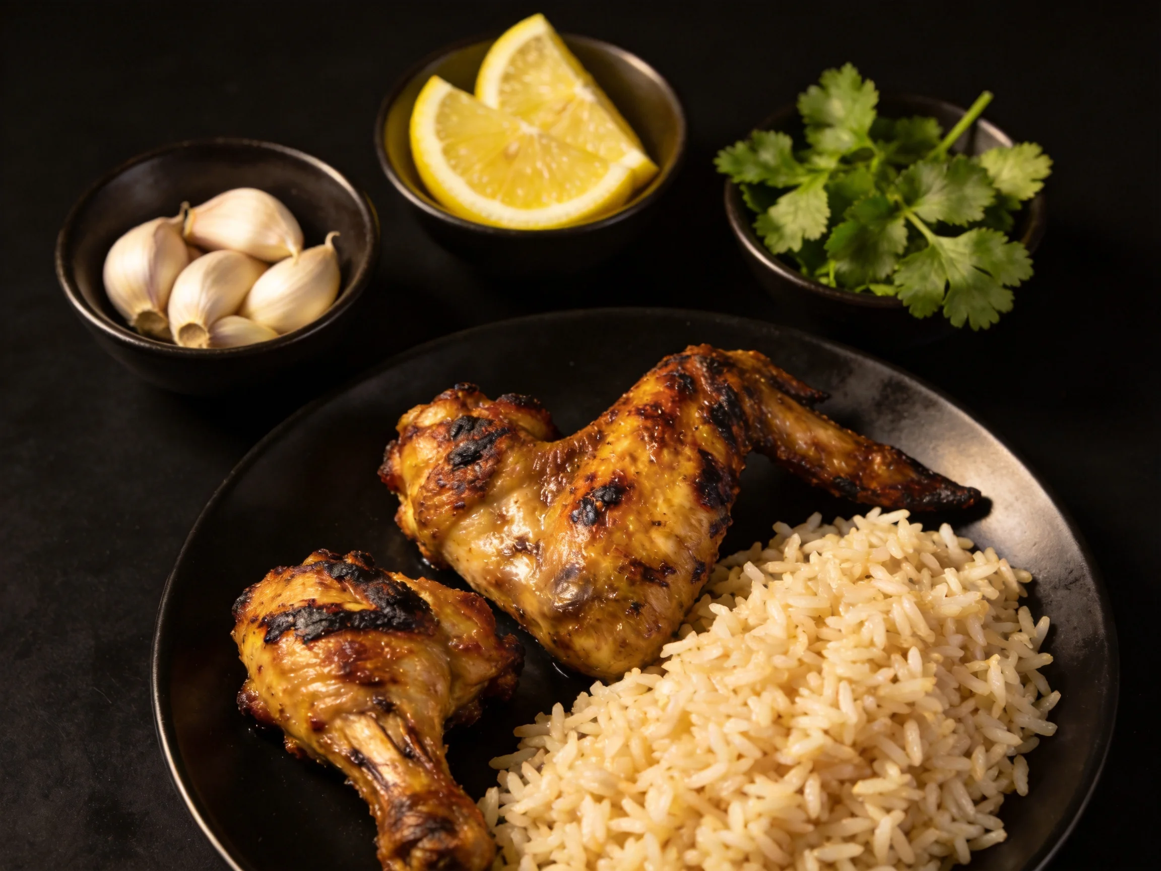 Grilled chicken wings with rice, lemons, garlic, and cilantro