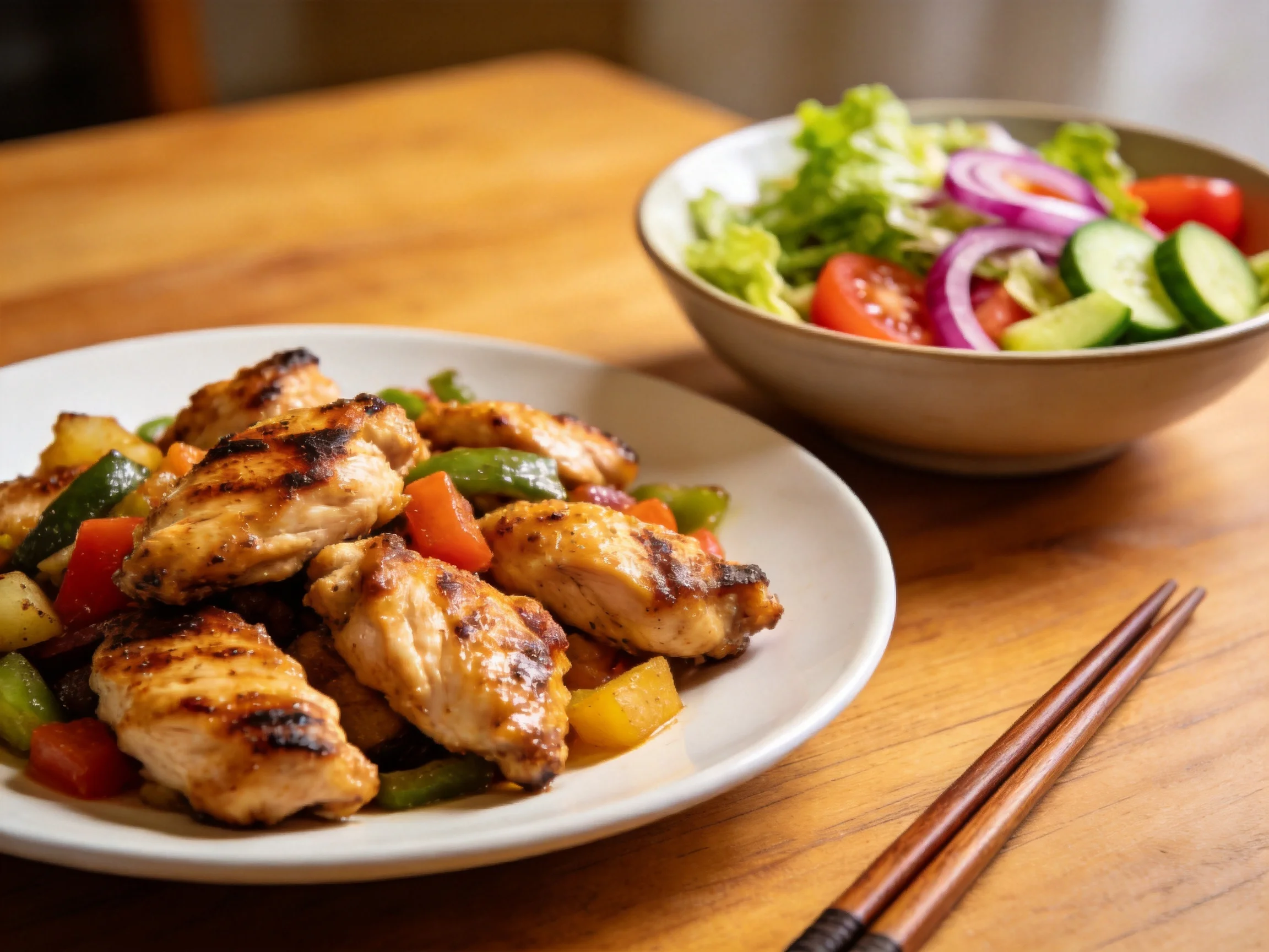 Grilled chicken with mixed veggies and fresh salad on a wooden table