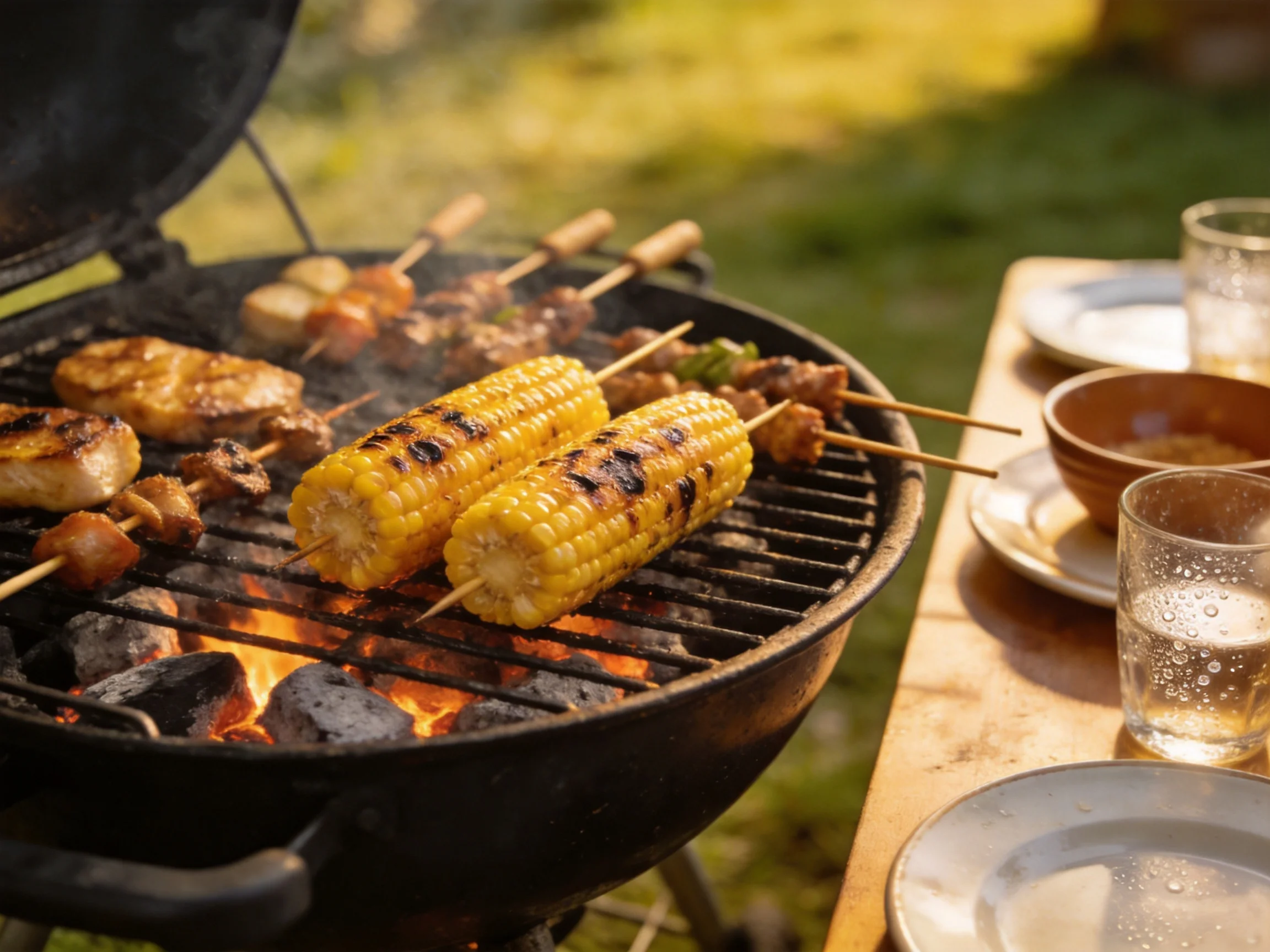 Grilled corn and skewers sizzle over charcoal in a sunny backyard