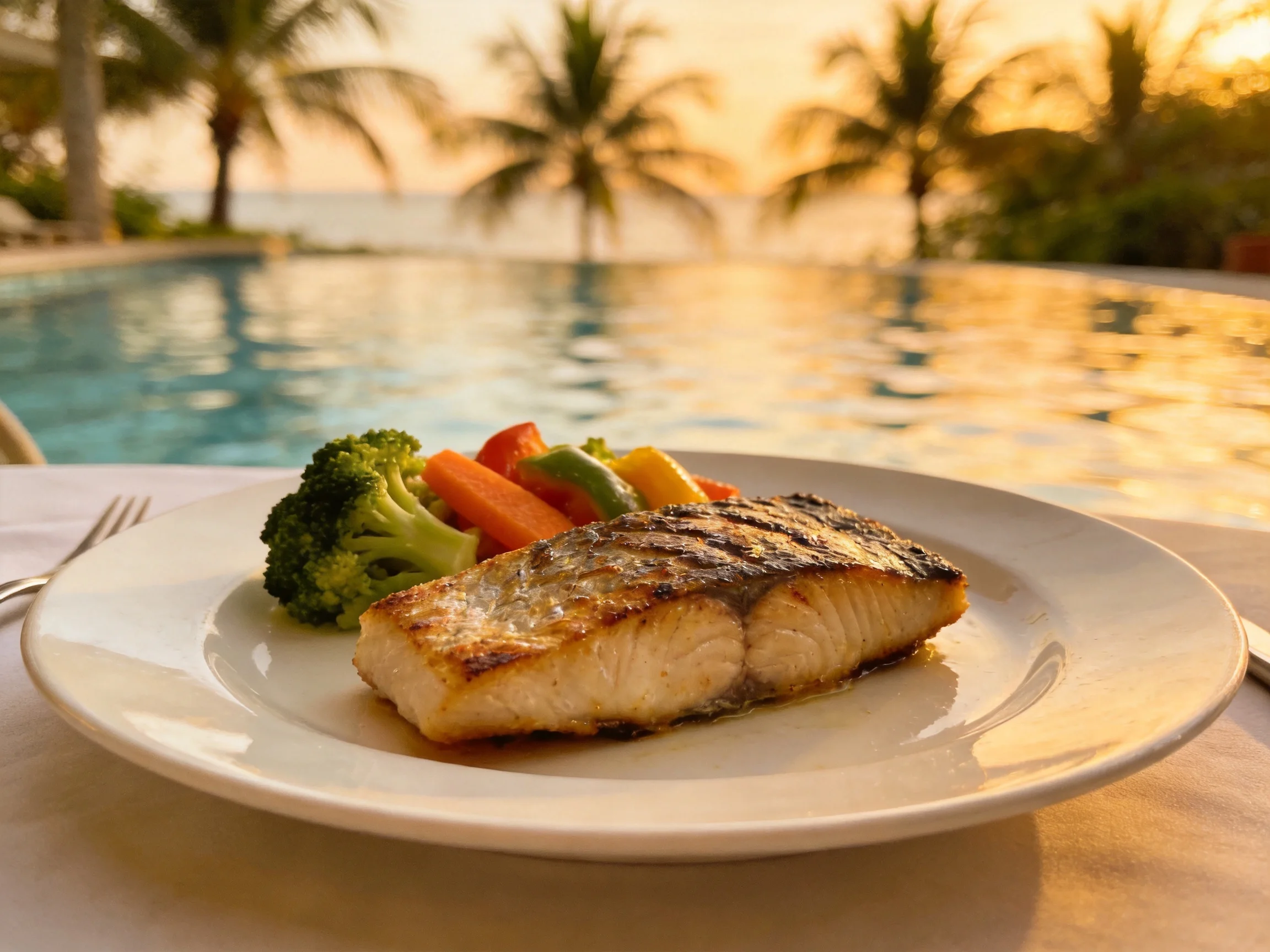 Grilled fish fillet with mixed veggies near an infinity pool at sunset