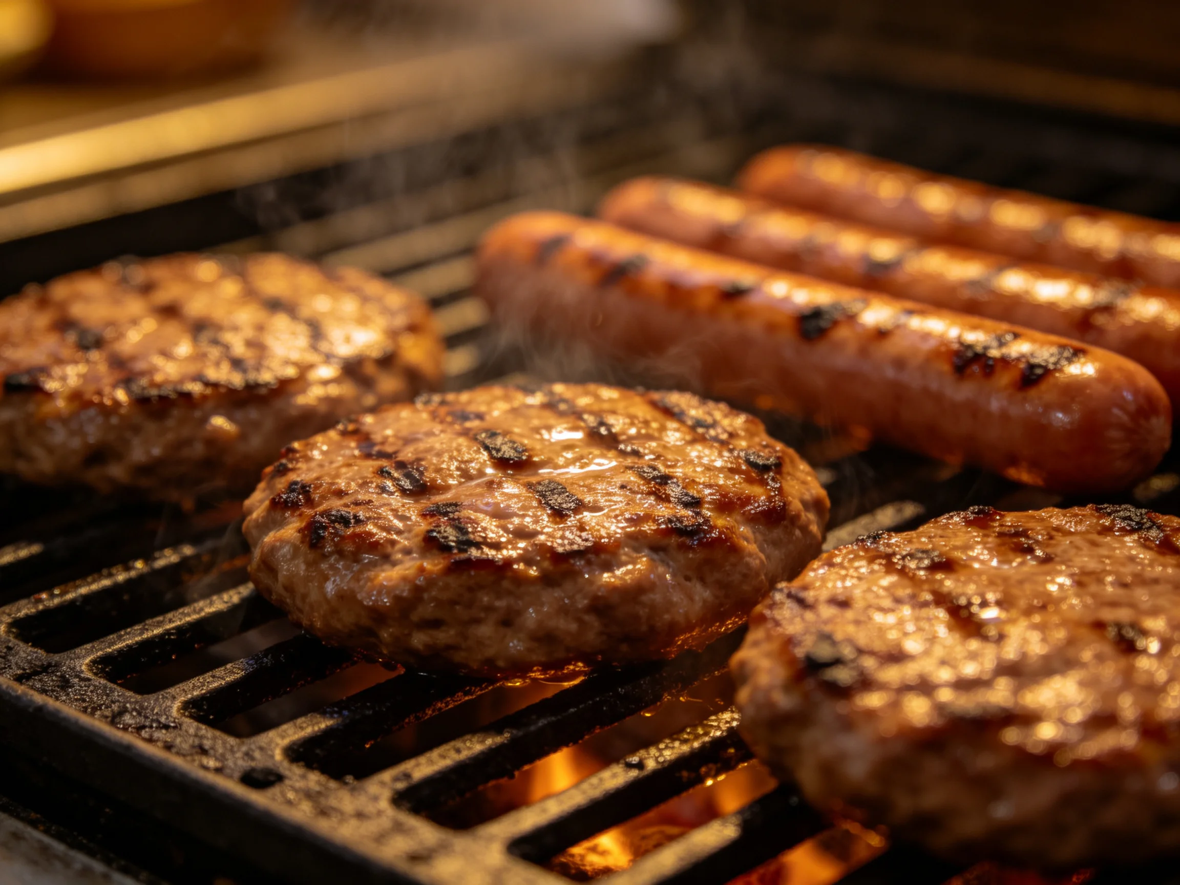 Grilled hamburgers and hot dogs sizzle over open flames