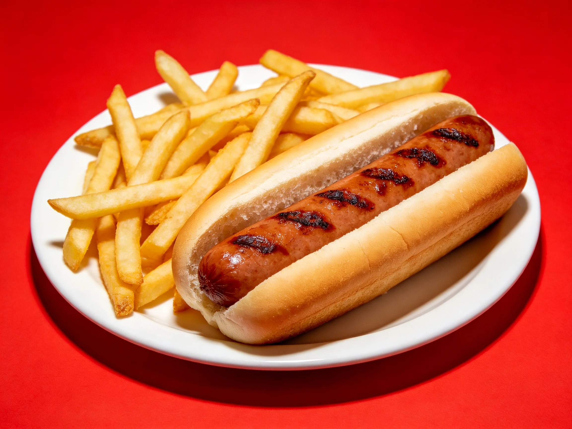 Grilled hot dog with golden French fries on white plate against vibrant red