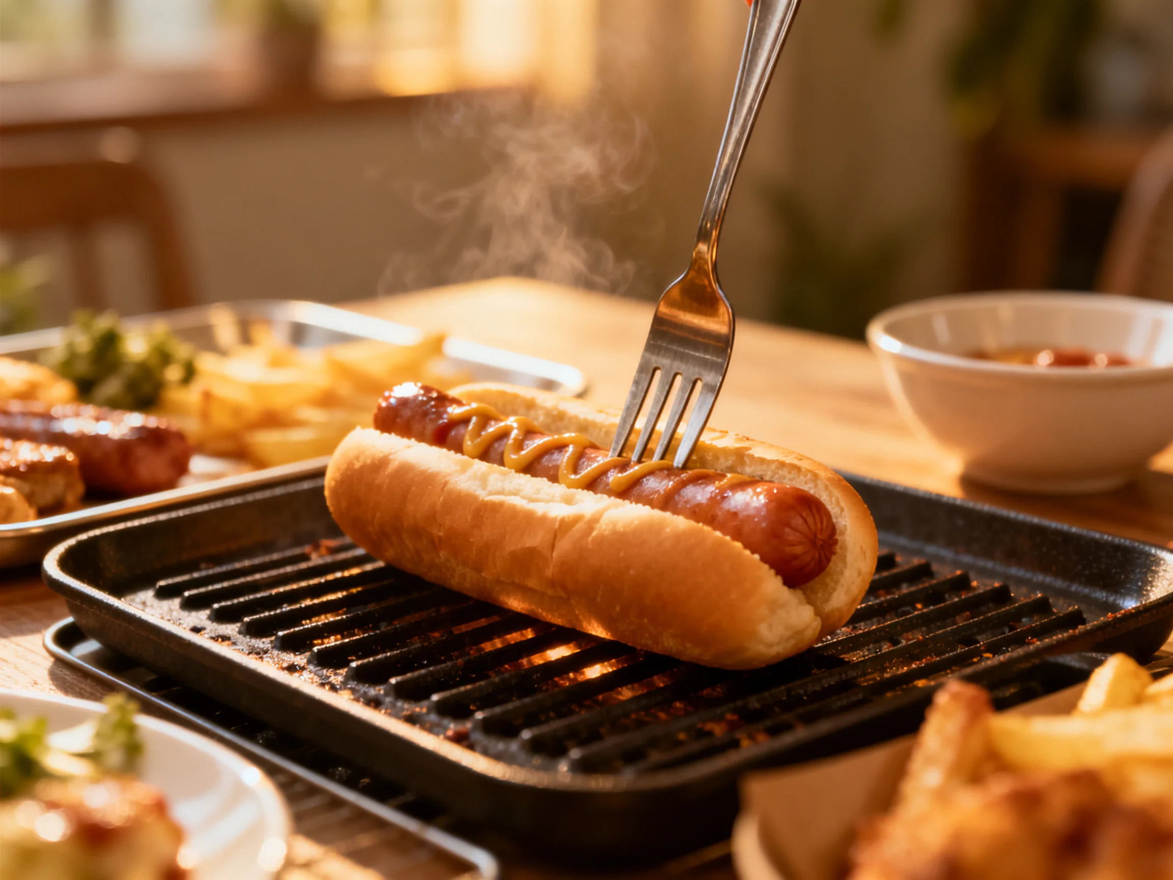 Grilled hot dog with mustard on a black griddle near golden fries