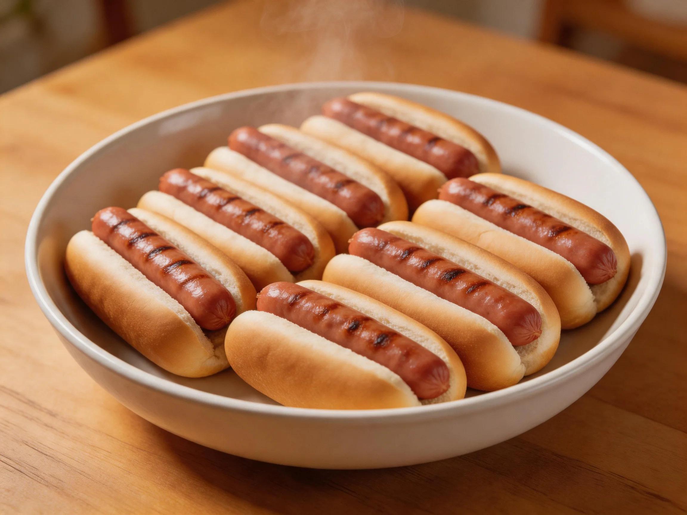 Grilled hot dogs in soft buns arranged in a white bowl