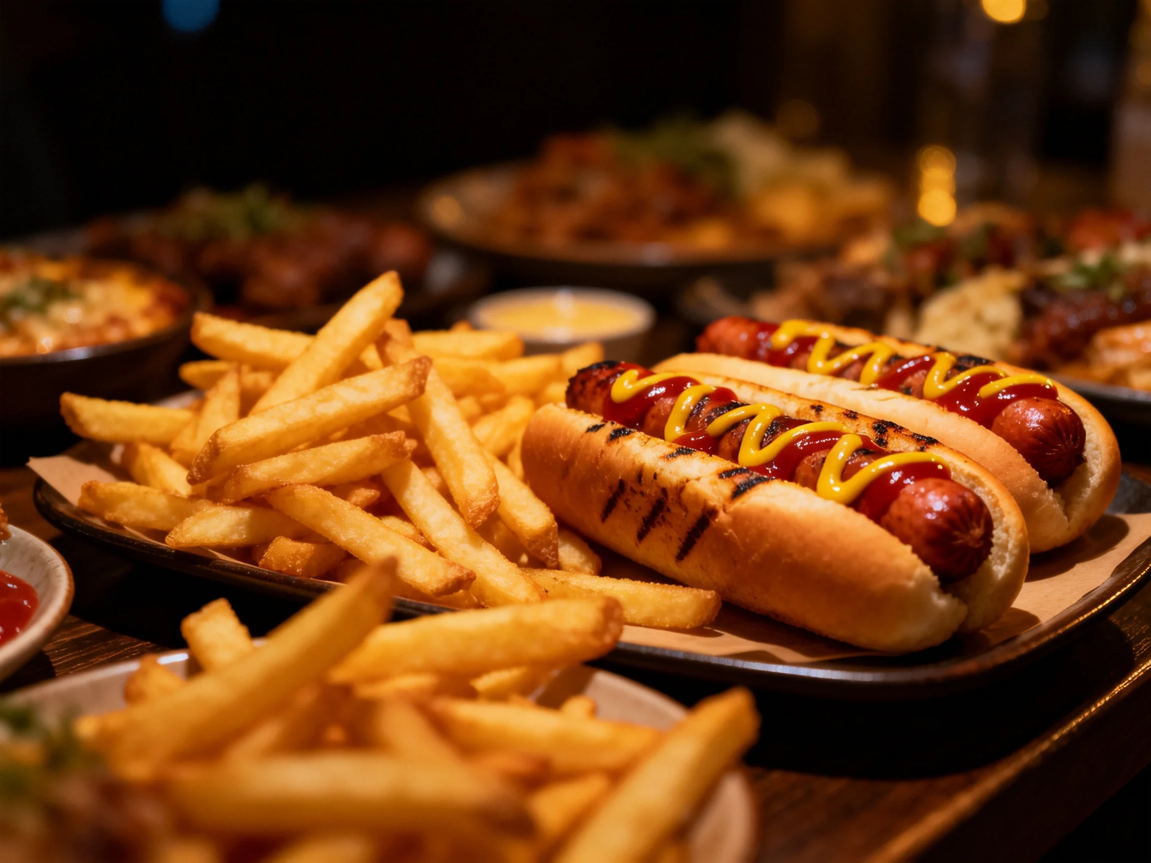 Grilled hot dogs with mustard and ketchup served alongside golden French fries