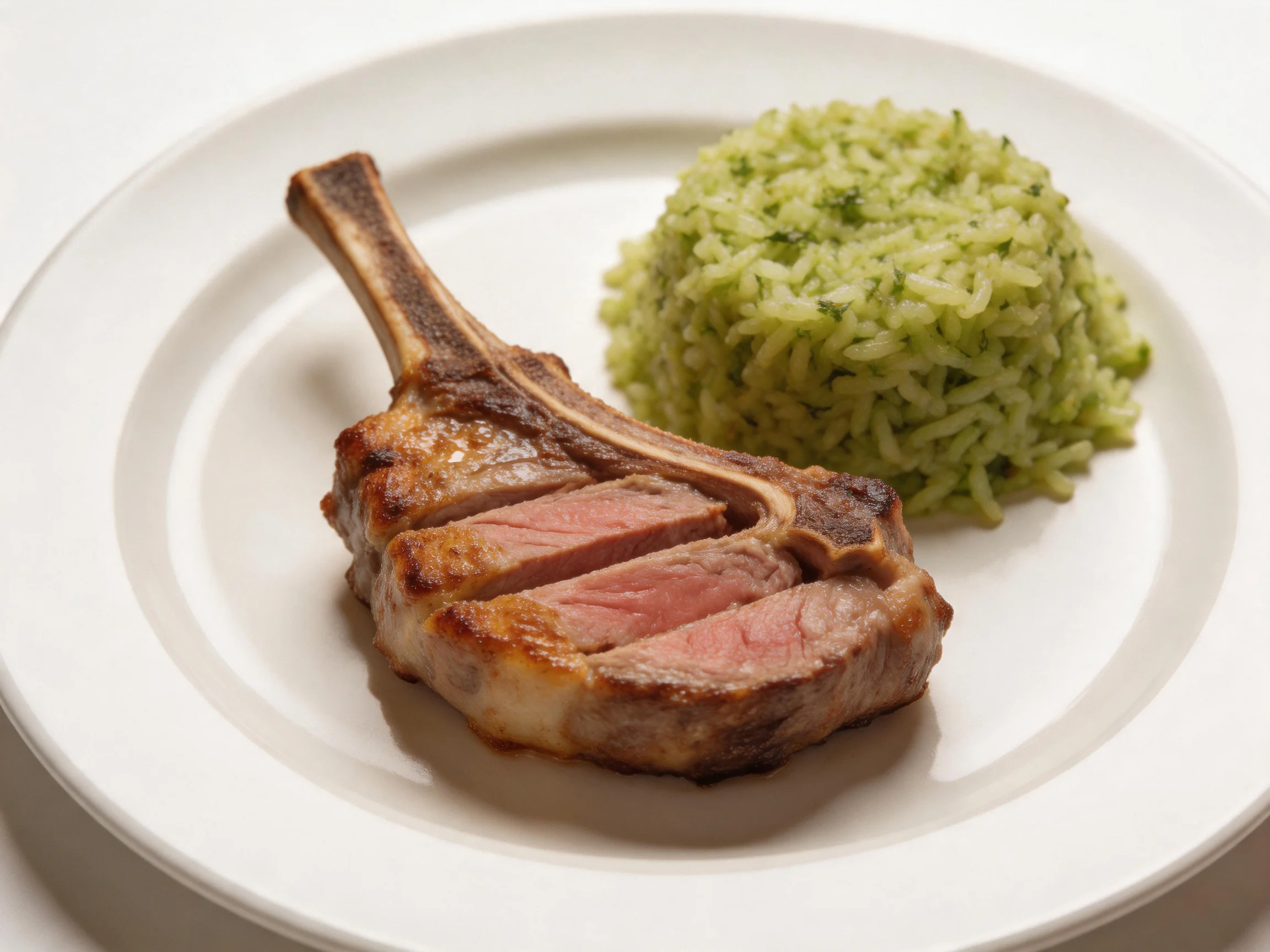 Grilled lamb chop with herb-flecked green rice on white plate