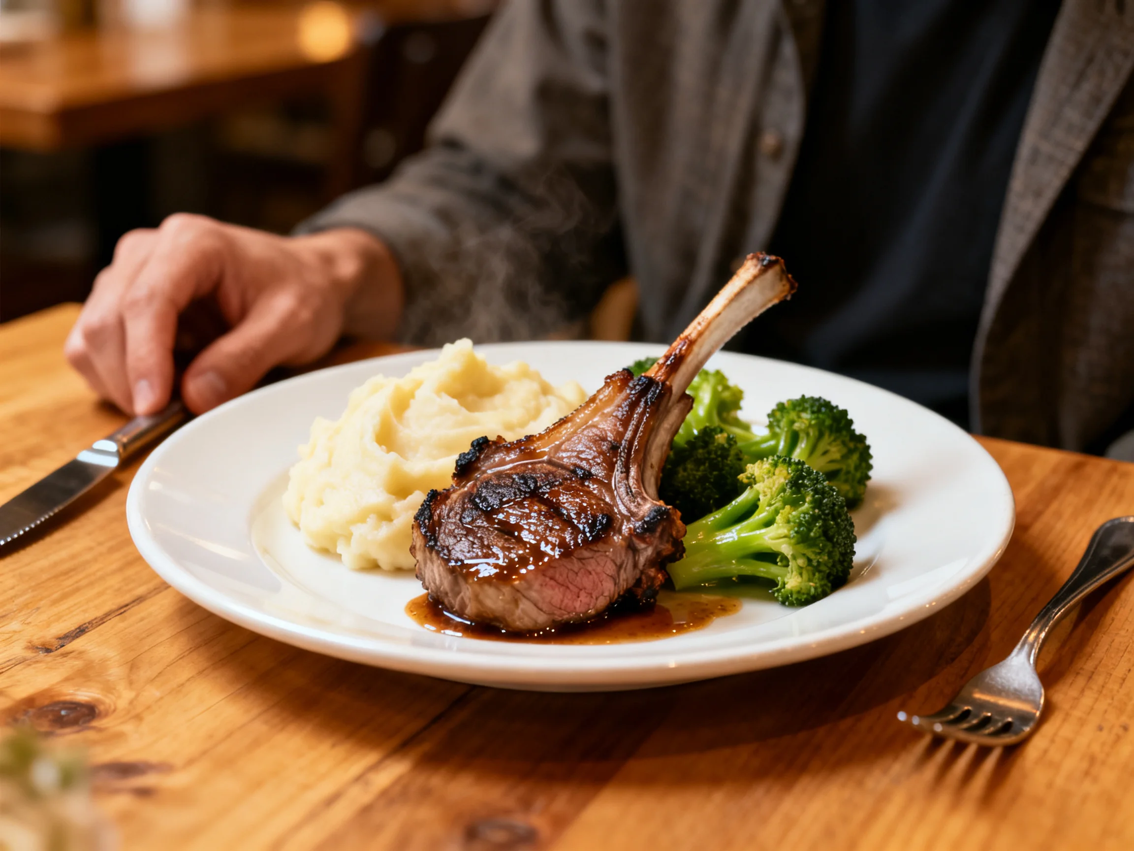 Grilled lamb chop with mashed potatoes and broccoli on a white plate