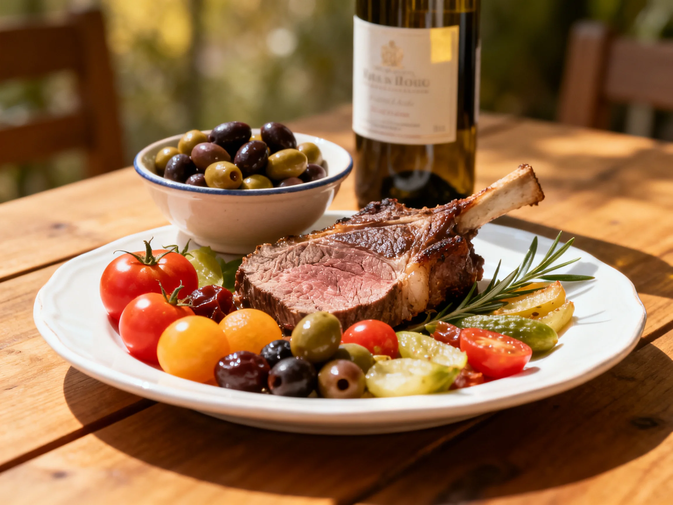 Grilled lamb chop with mixed veggies, olives, and wine on a wooden table