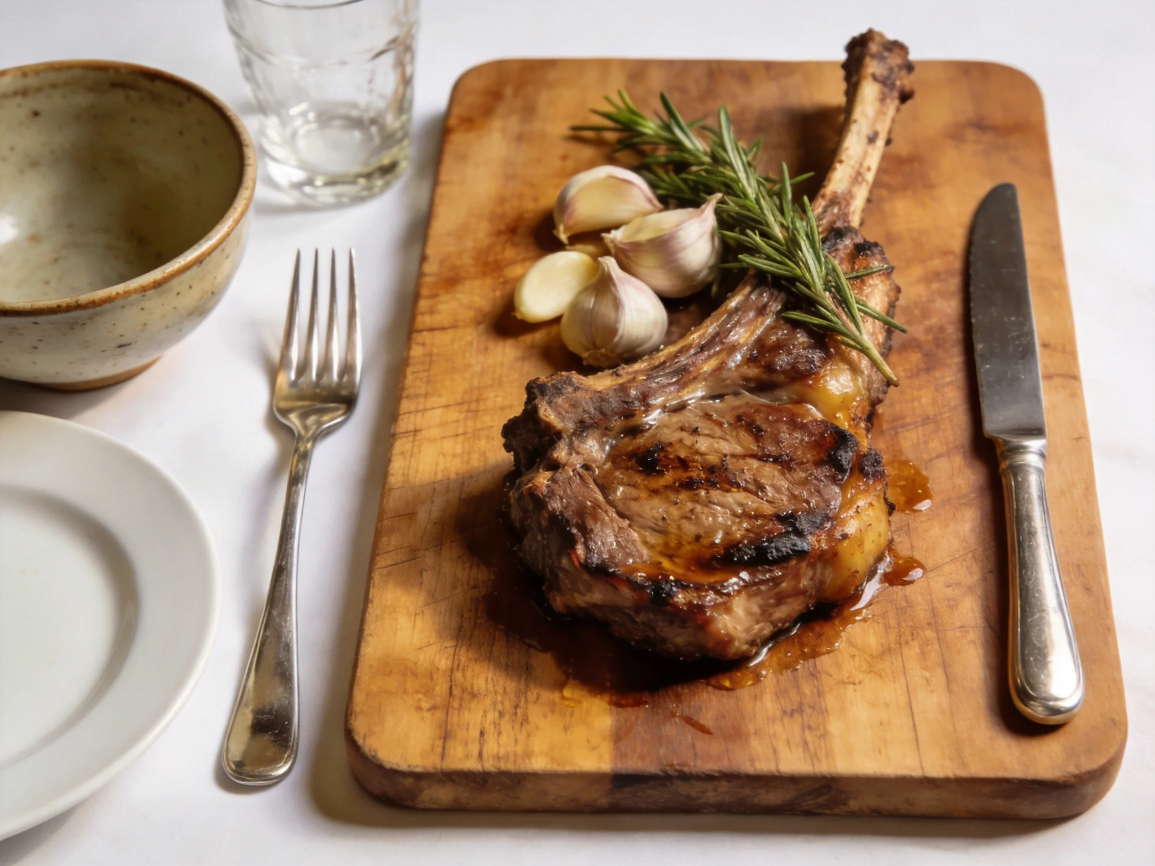 Grilled lamb chop with rosemary and garlic on a wooden cutting board